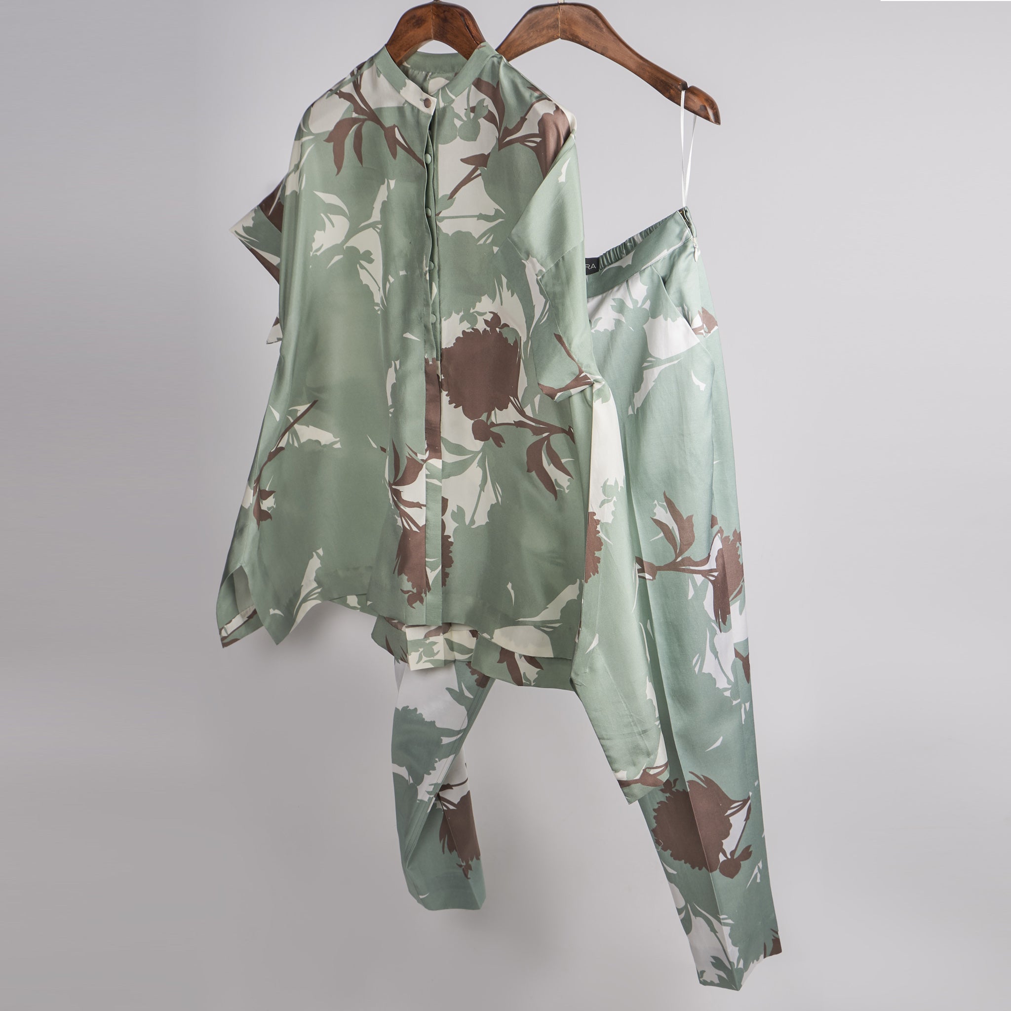 Mint and Beige big floral printed top with printed pants Coordinated set