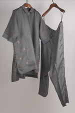 Load image into Gallery viewer, Grey solid embroidered Linen Co-ord Set
