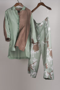 Mint and Beige solid with printed pants Coordinated set