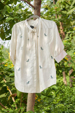 Load image into Gallery viewer, White Silk Bird Embroidered Tie-up Blouse

