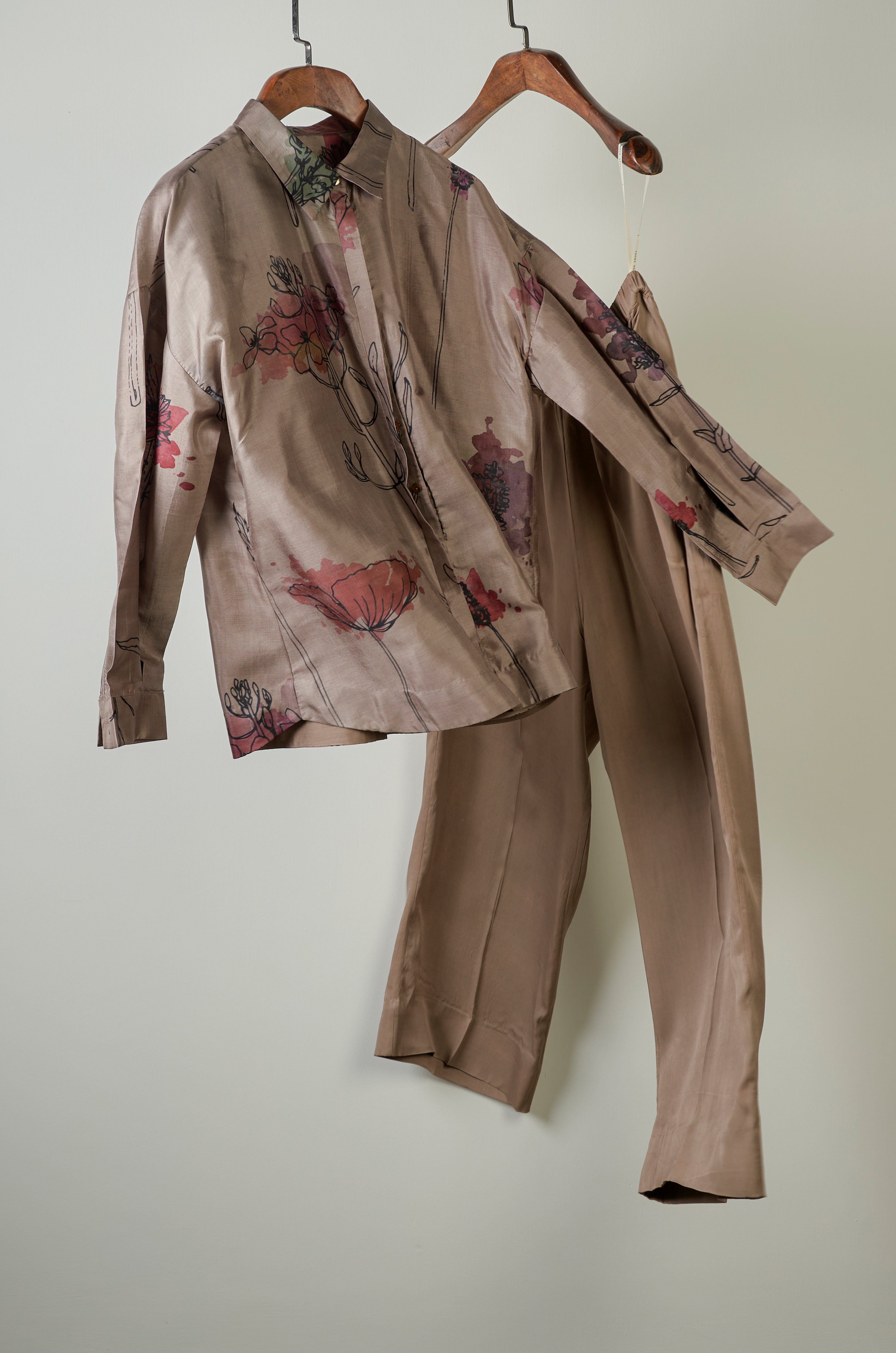 Beige floral printed shirt with solid pants Coordinated set