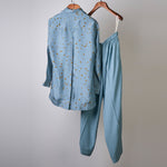 Load image into Gallery viewer, Teal polka printed top with solid pants Coordinated set
