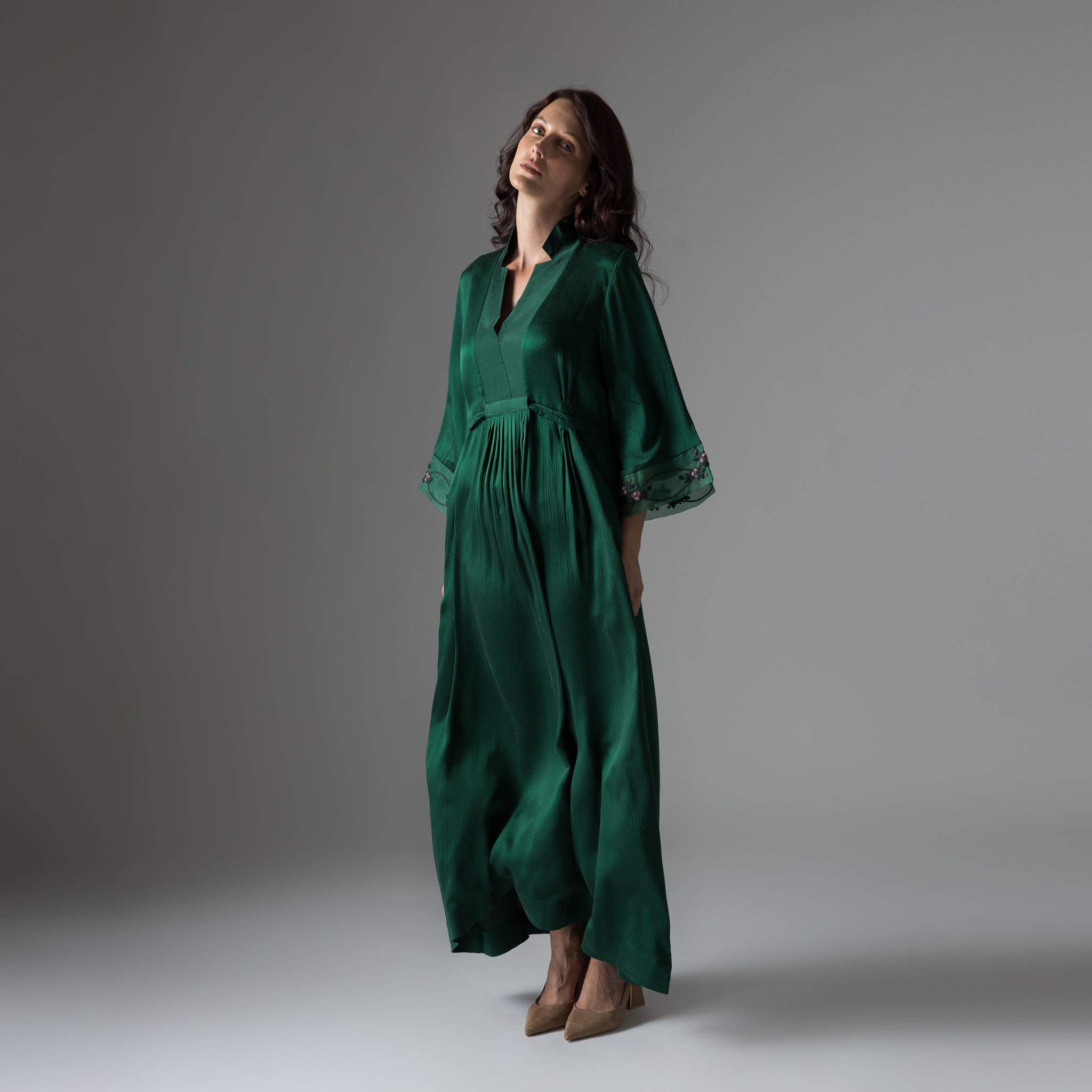 jade green silk dress Emerald Green Silk Satin Dress V Neckline