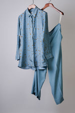 Load image into Gallery viewer, Teal polka printed top with solid pants Coordinated set
