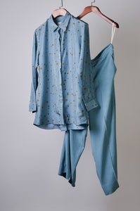 Teal polka printed top with solid pants Coordinated set
