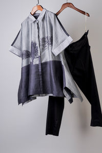 Black and grey printed top with solid pants Coordinated set