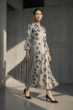 Load image into Gallery viewer, Beige and Teal Floral Printed Stroke Dress
