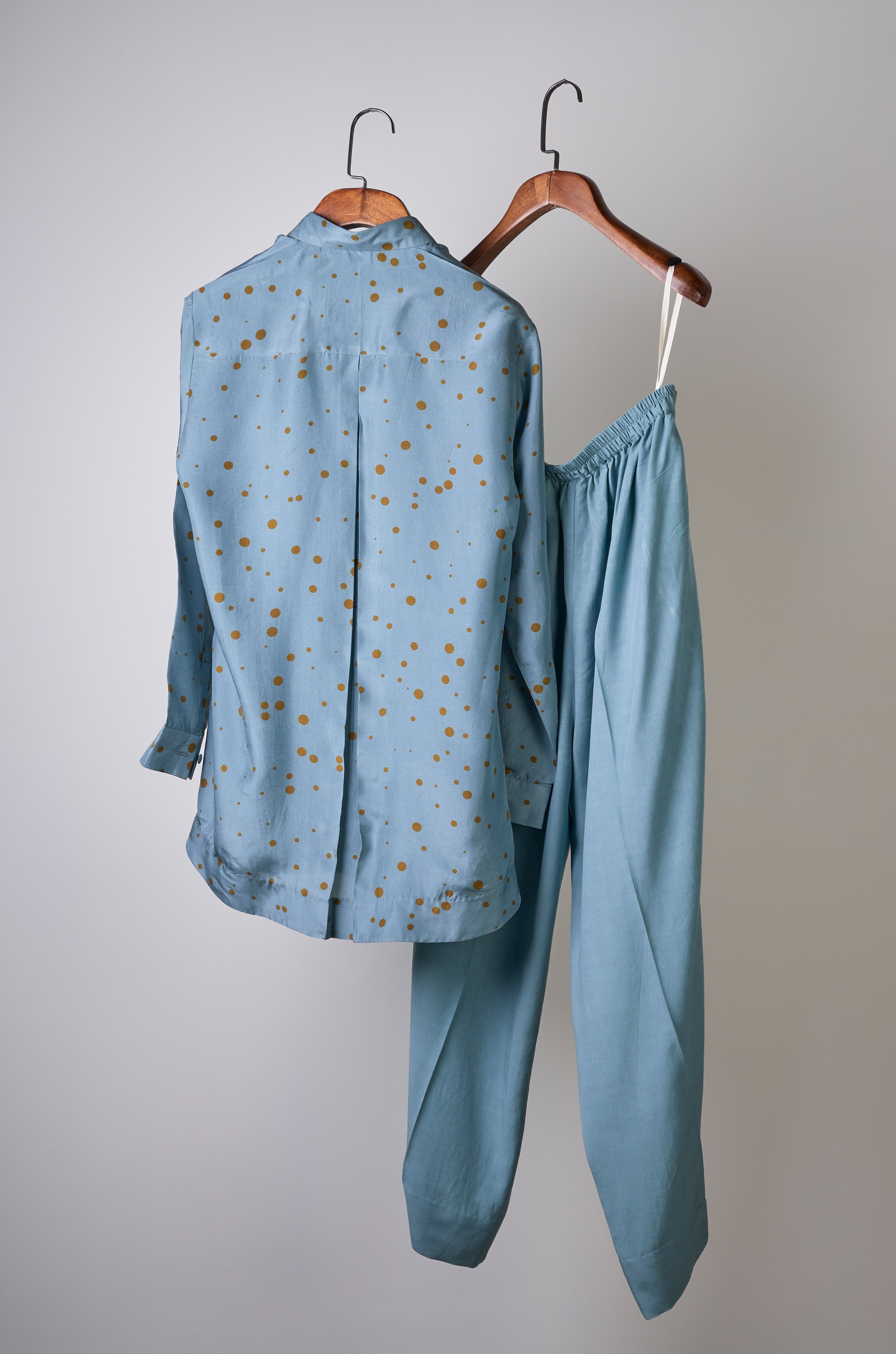 Teal polka printed top with solid pants Coordinated set