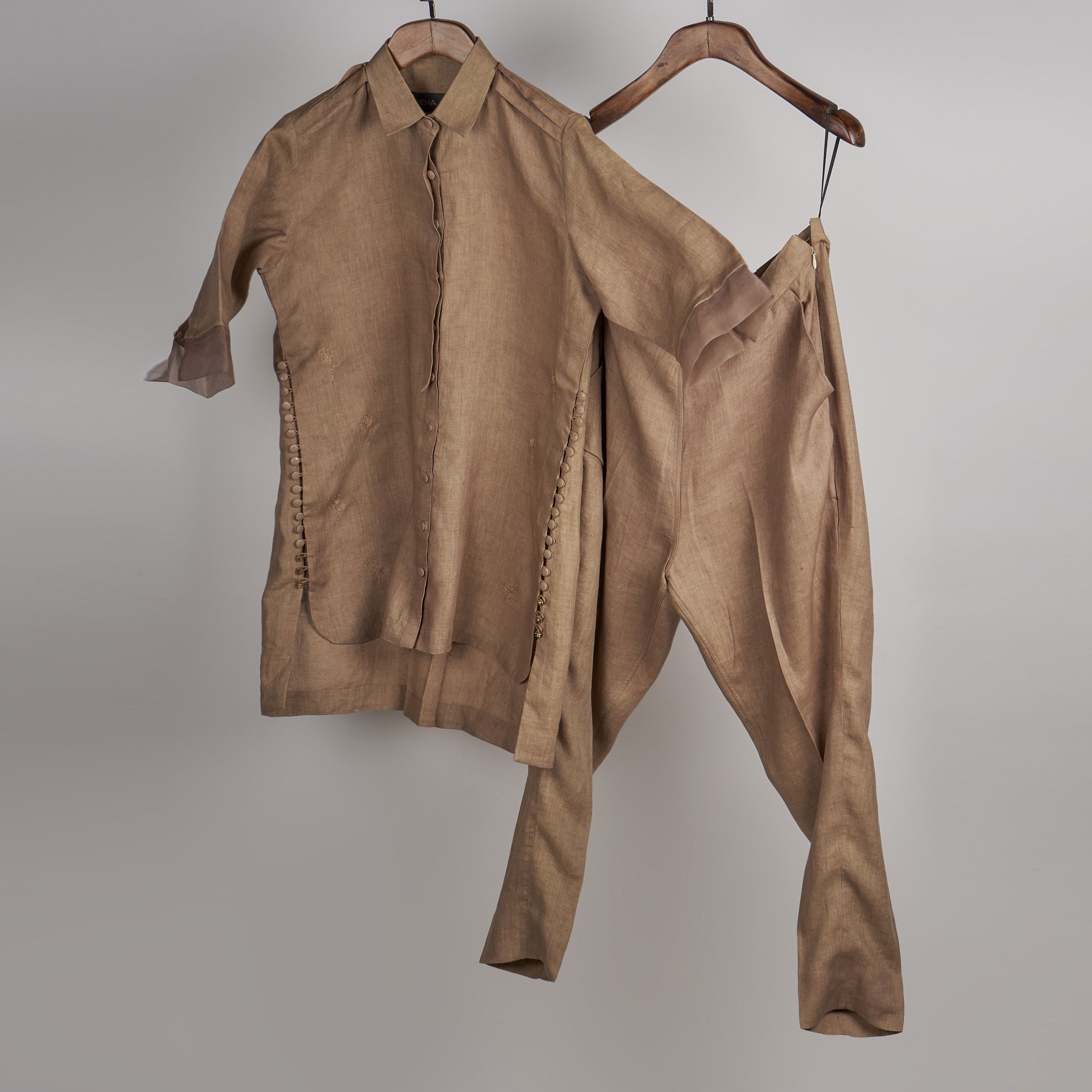 Beige solid embroidered Linen Co-ord Set