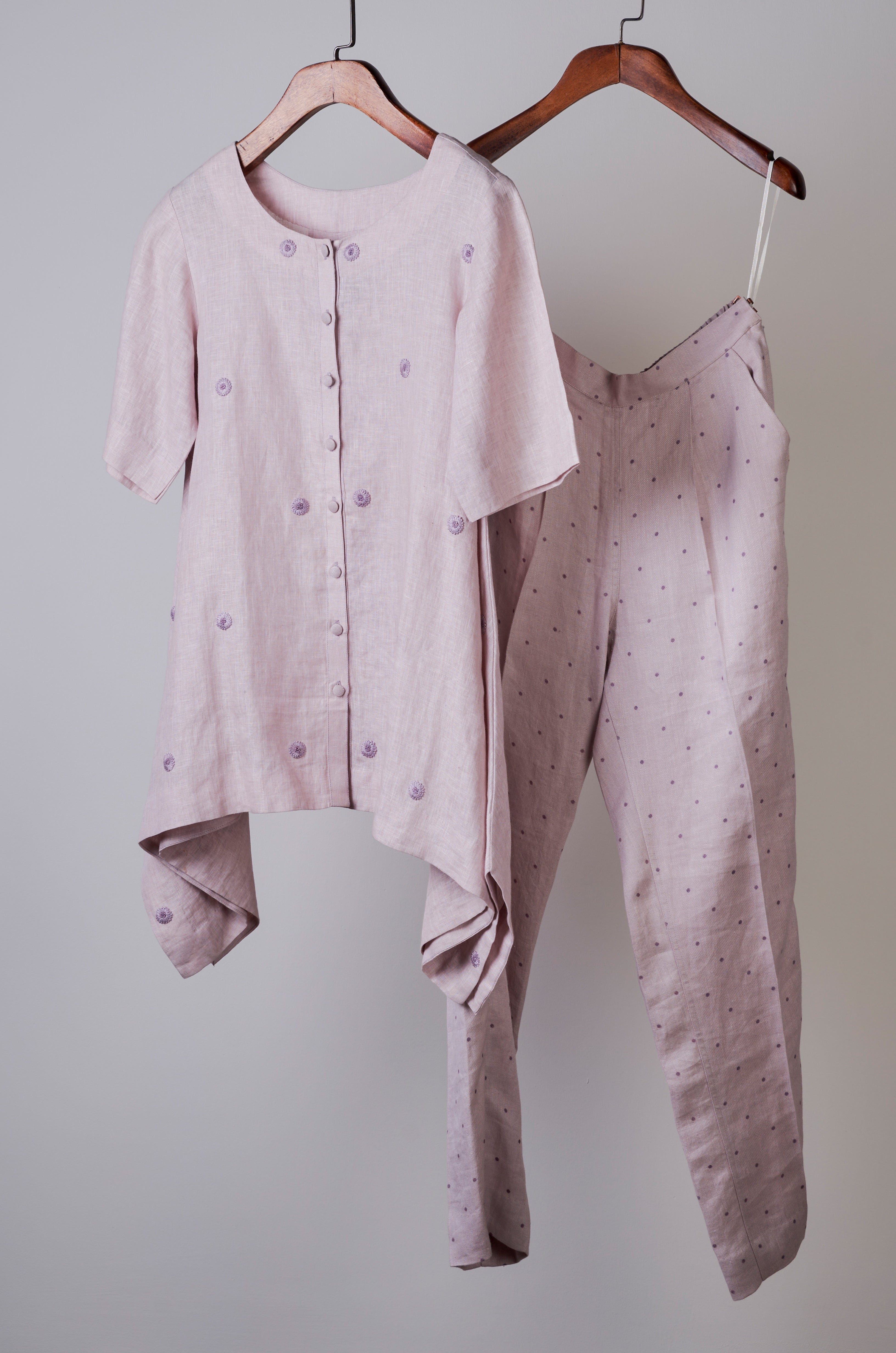 Mauve polka pants with embroidered top Coordinated set