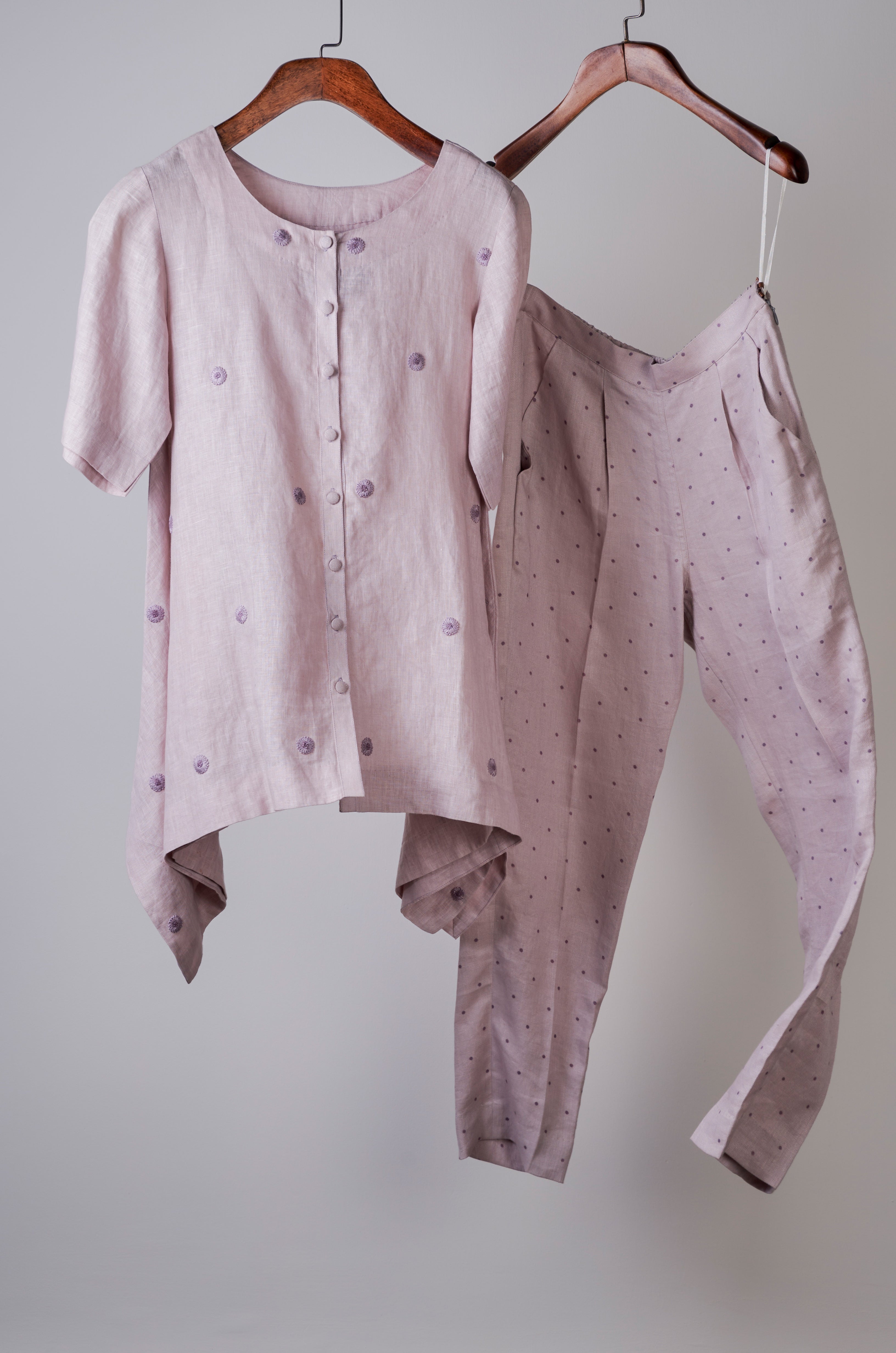 Mauve polka pants with embroidered top Coordinated set