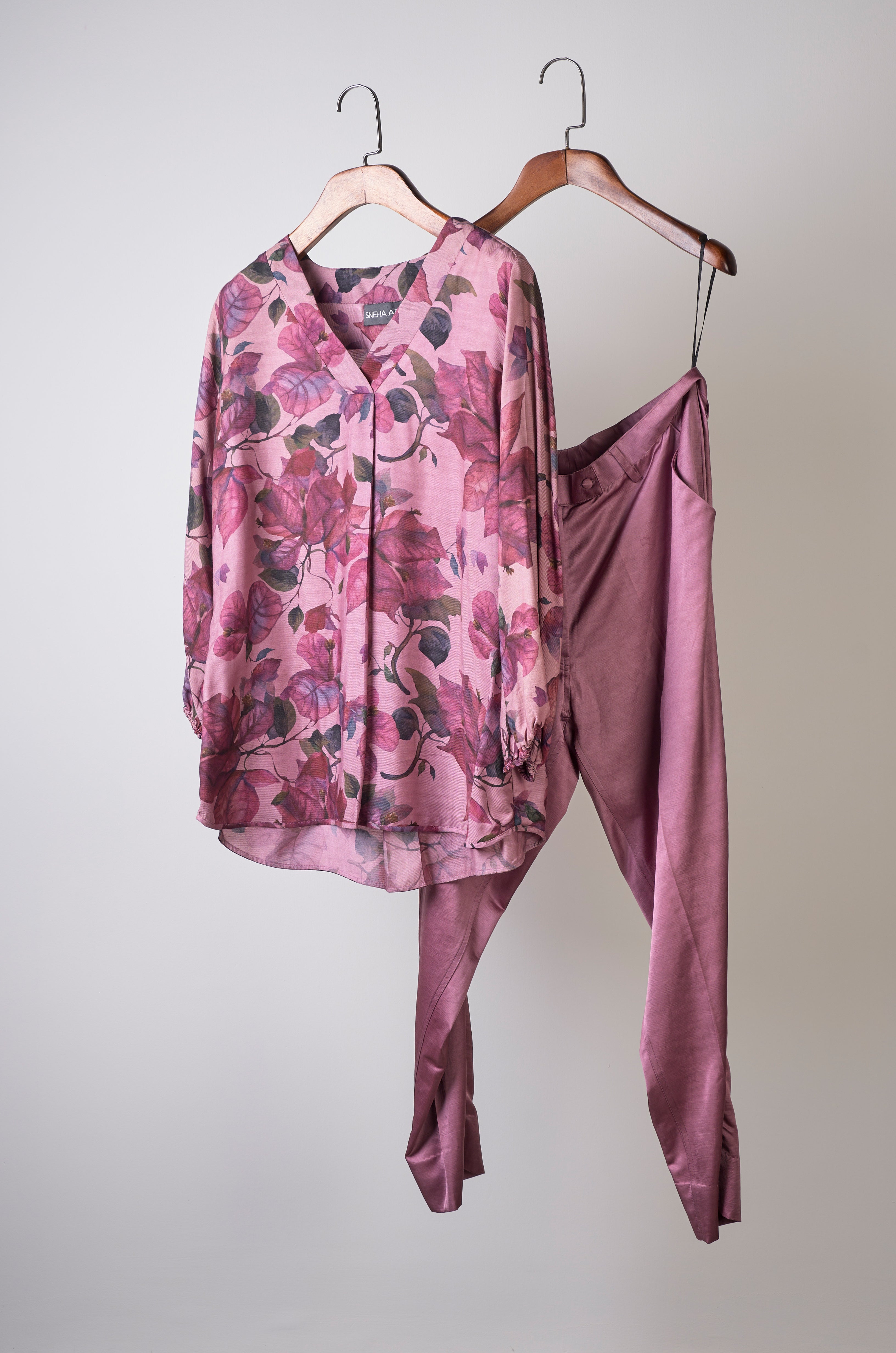 Bougainvillea printed top with solid pants Coordinated set
