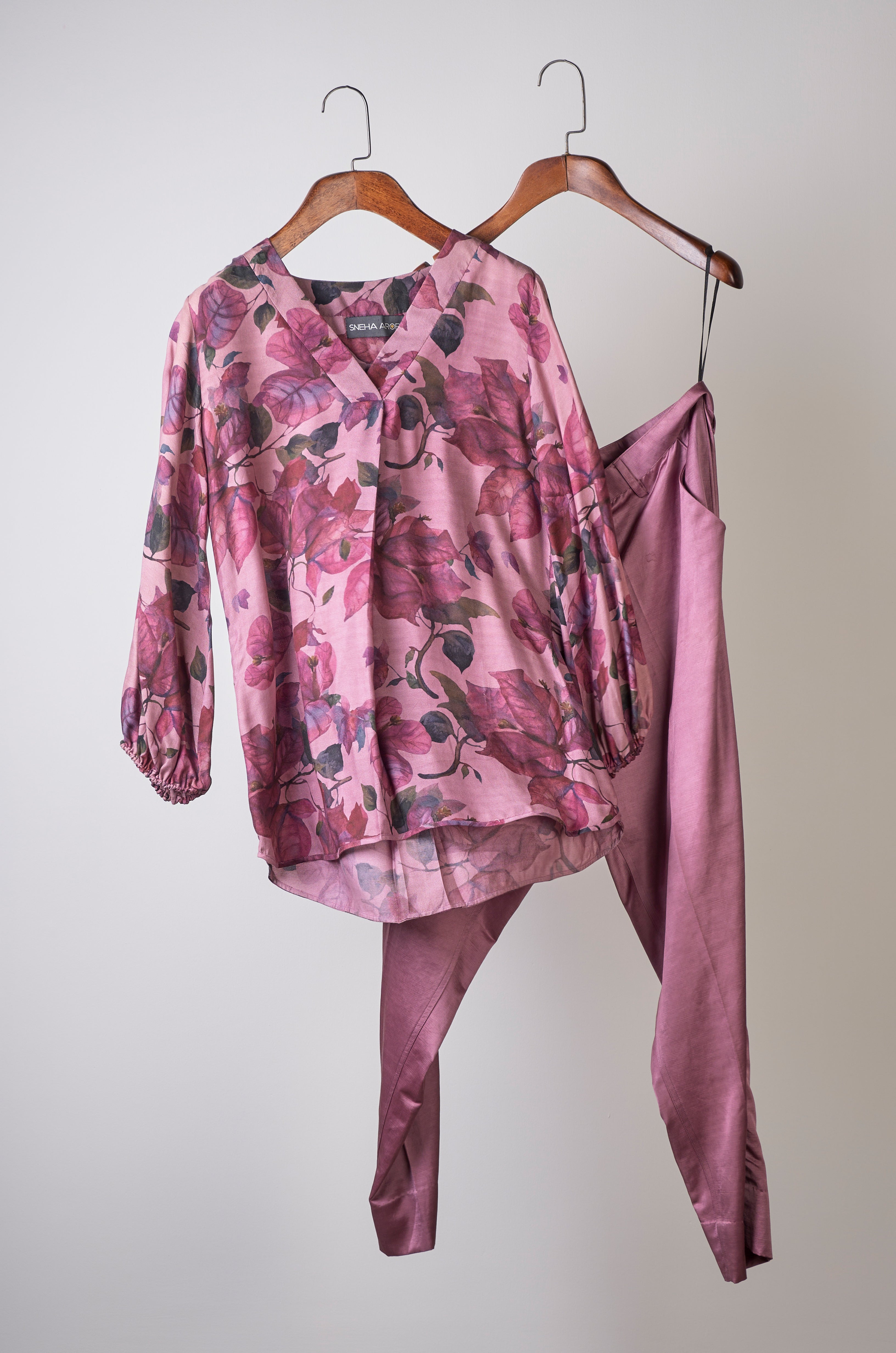 Bougainvillea printed top with solid pants Coordinated set
