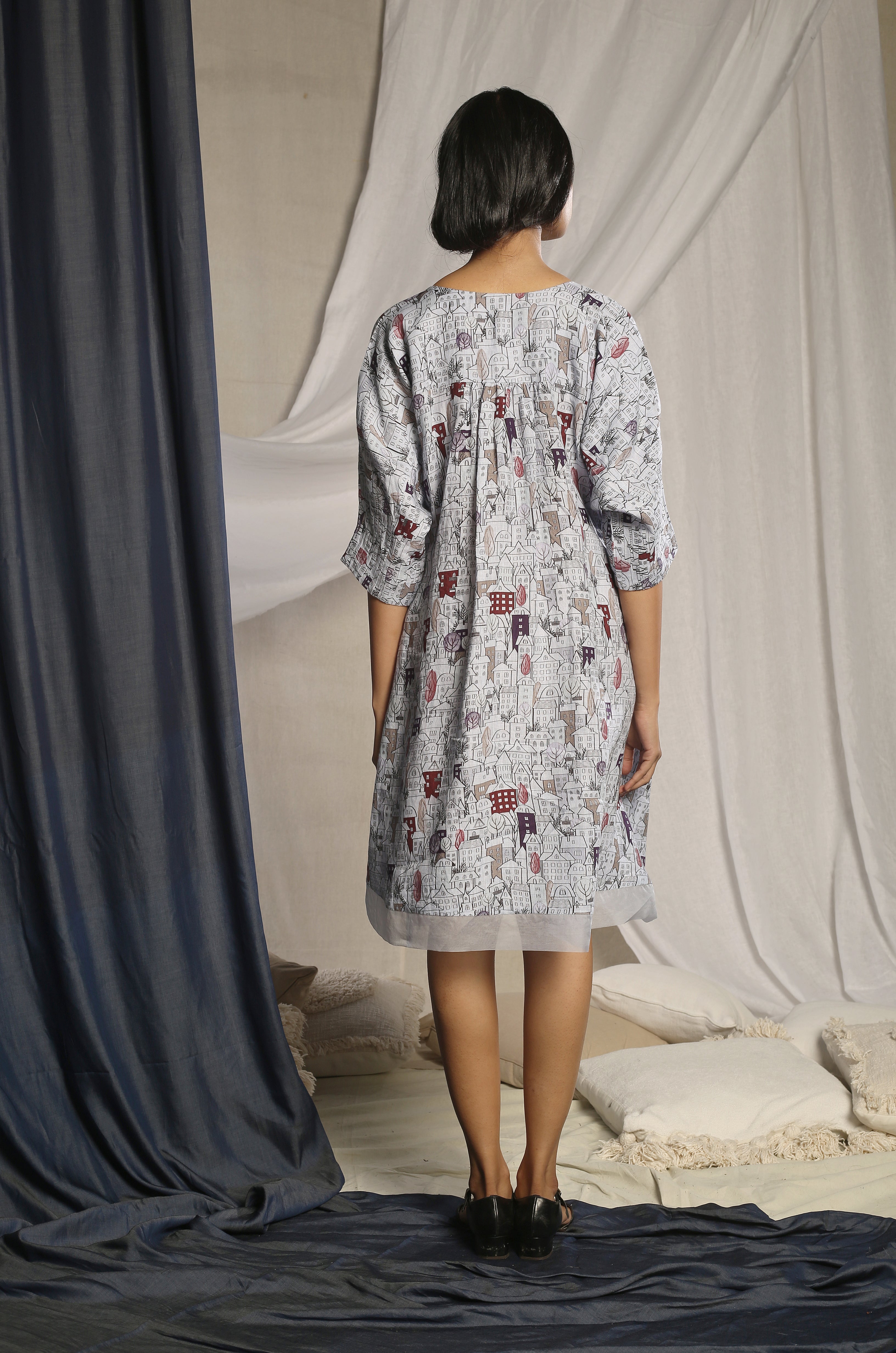 House Print Blue Dress