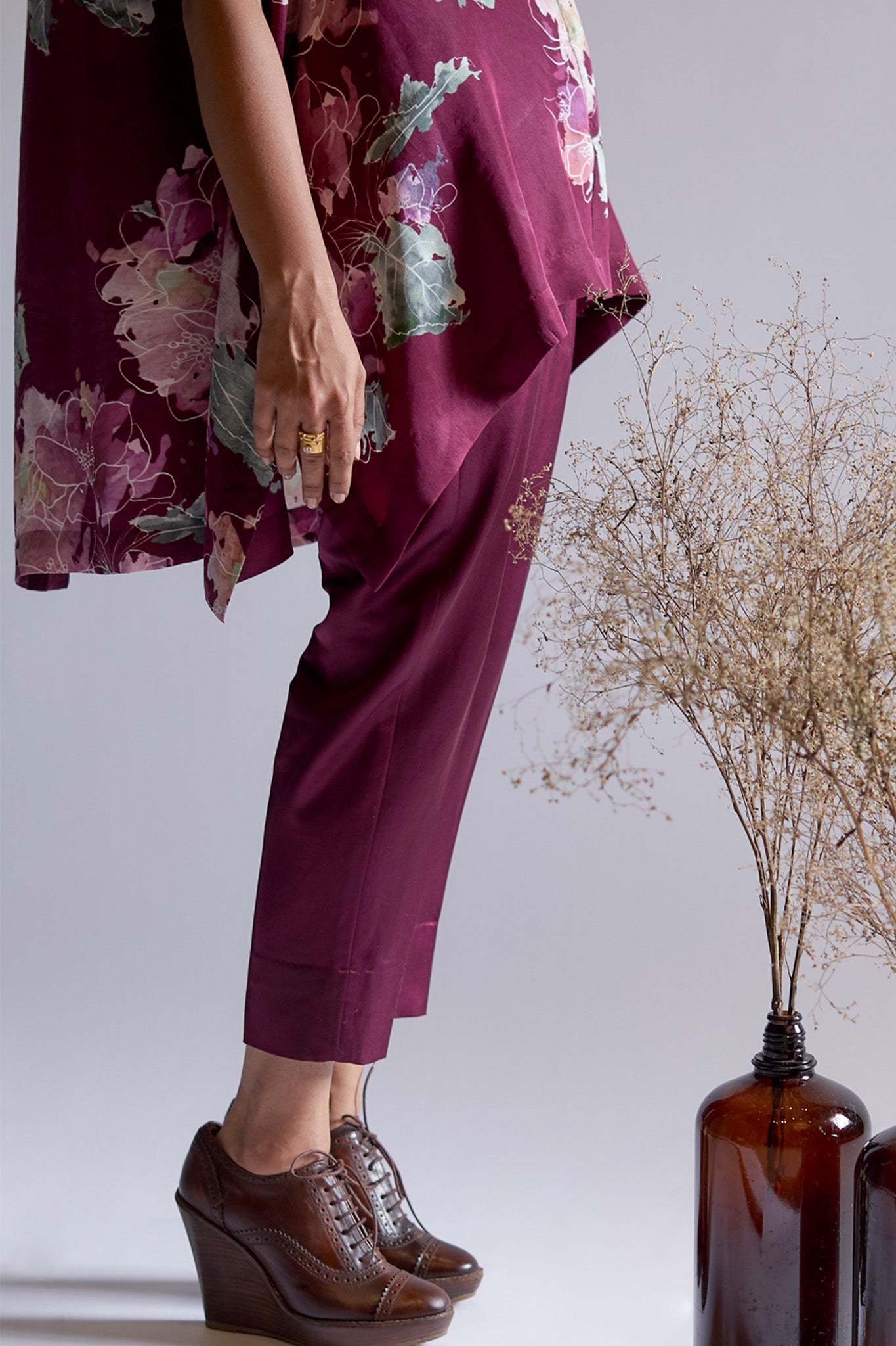 Marsala Watercolour Peonies top with solid pants Coordinated set