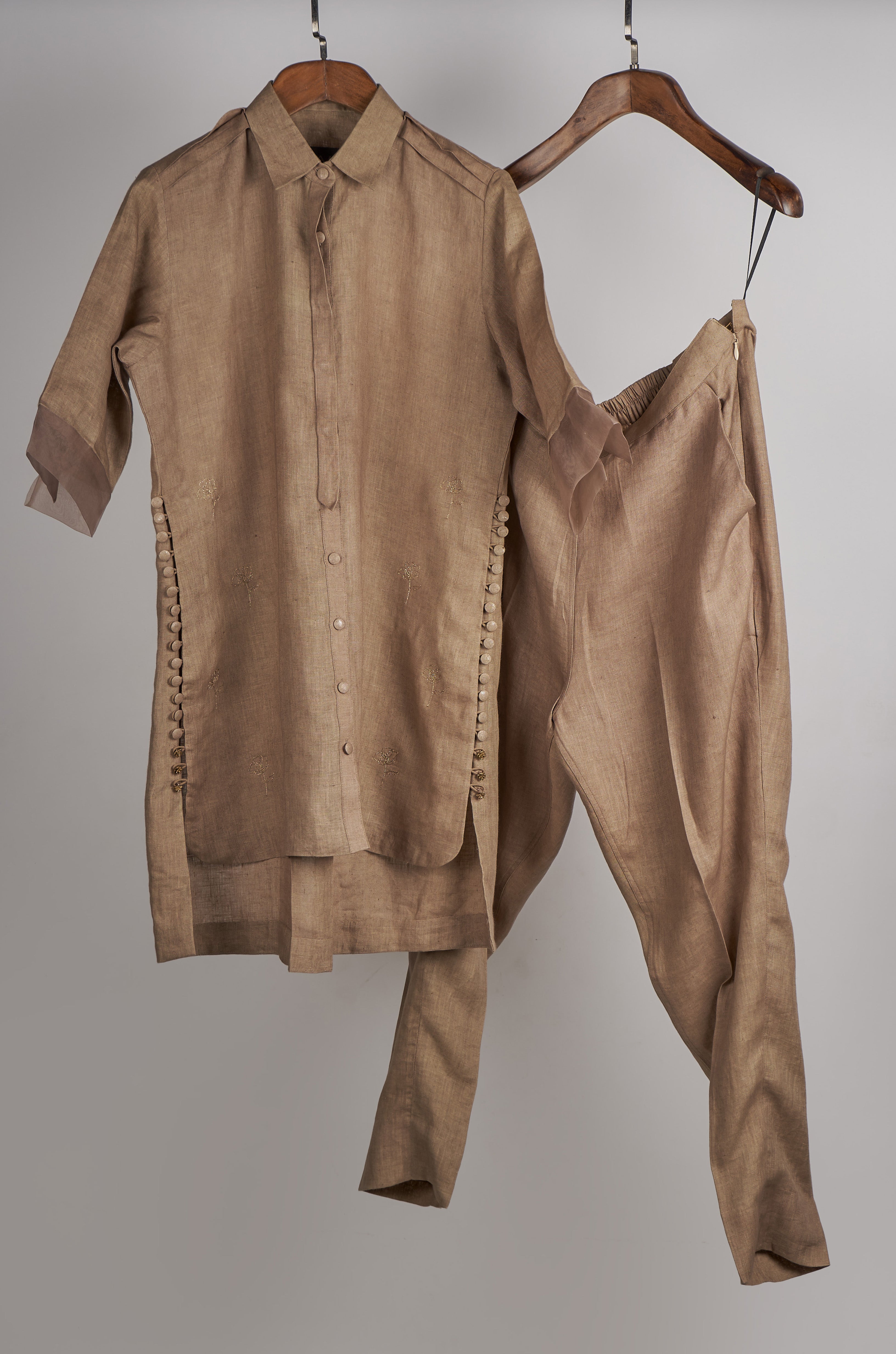 Beige solid embroidered Linen Co-ord Set