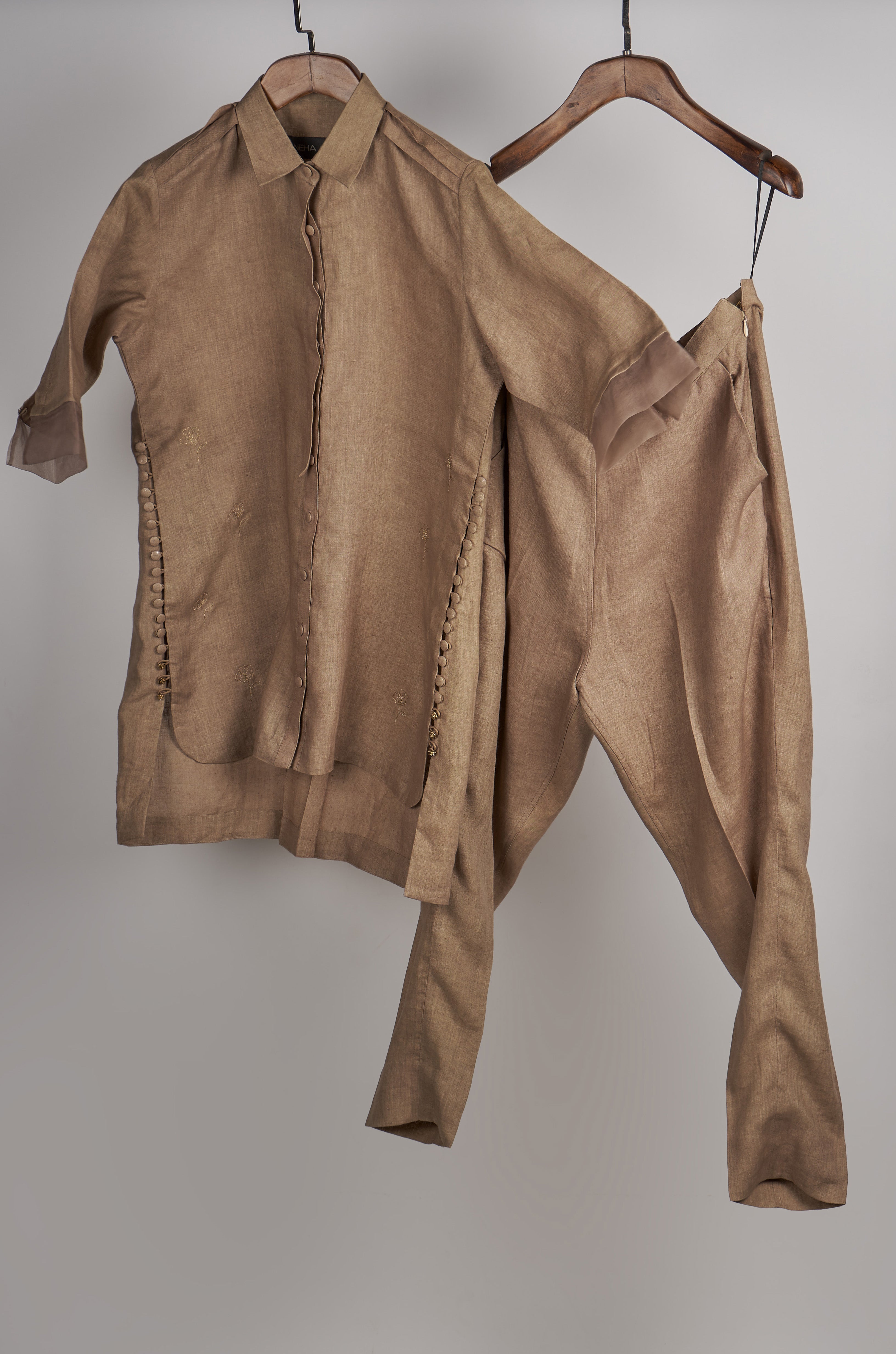 Beige solid embroidered Linen Co-ord Set