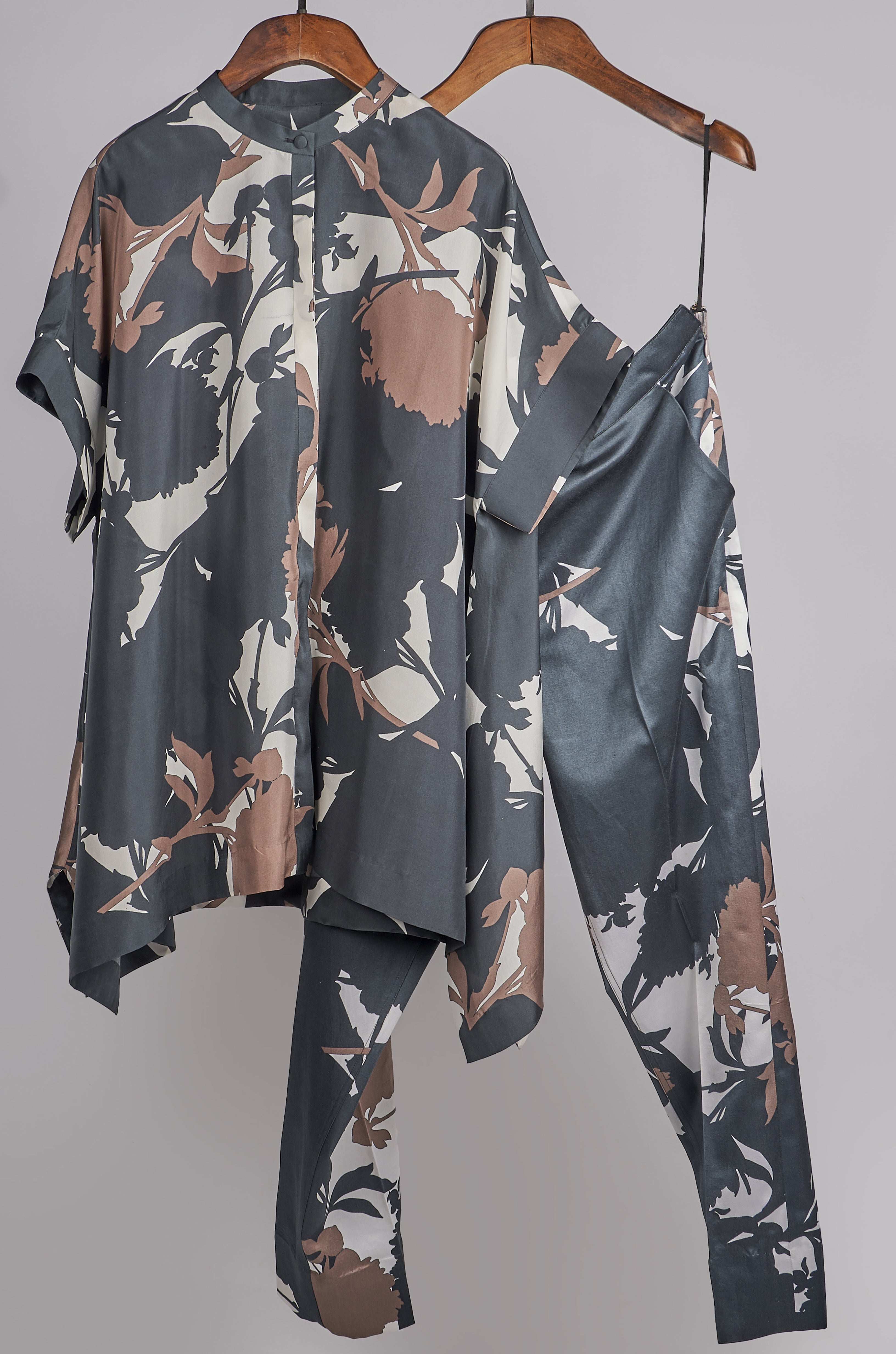 Black floral printed top with printed pants Coordinated set