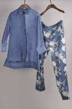 Load image into Gallery viewer, Shades of Blue solid shirt with printed pants Coordinated set
