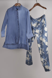 Shades of Blue solid shirt with printed pants Coordinated set