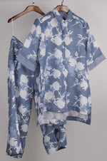 Load image into Gallery viewer, Blue and White print on print Linen Co-ord Set
