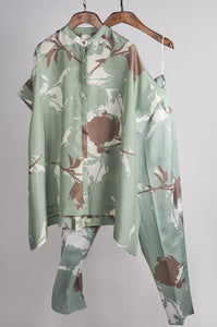 Mint and Beige big floral printed top with printed pants Coordinated set