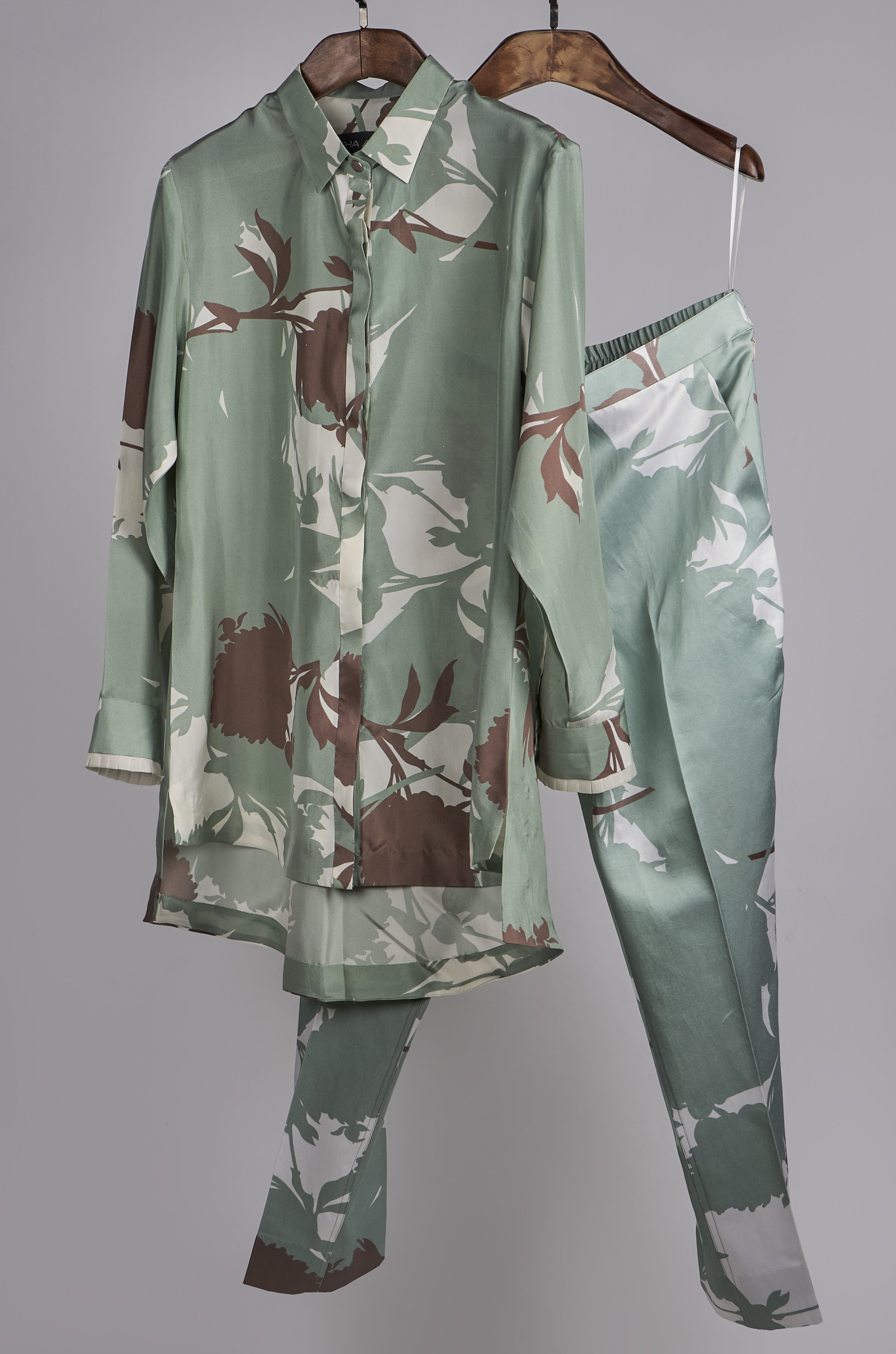 Mint and Beige printed shirt with printed pants Coordinated set