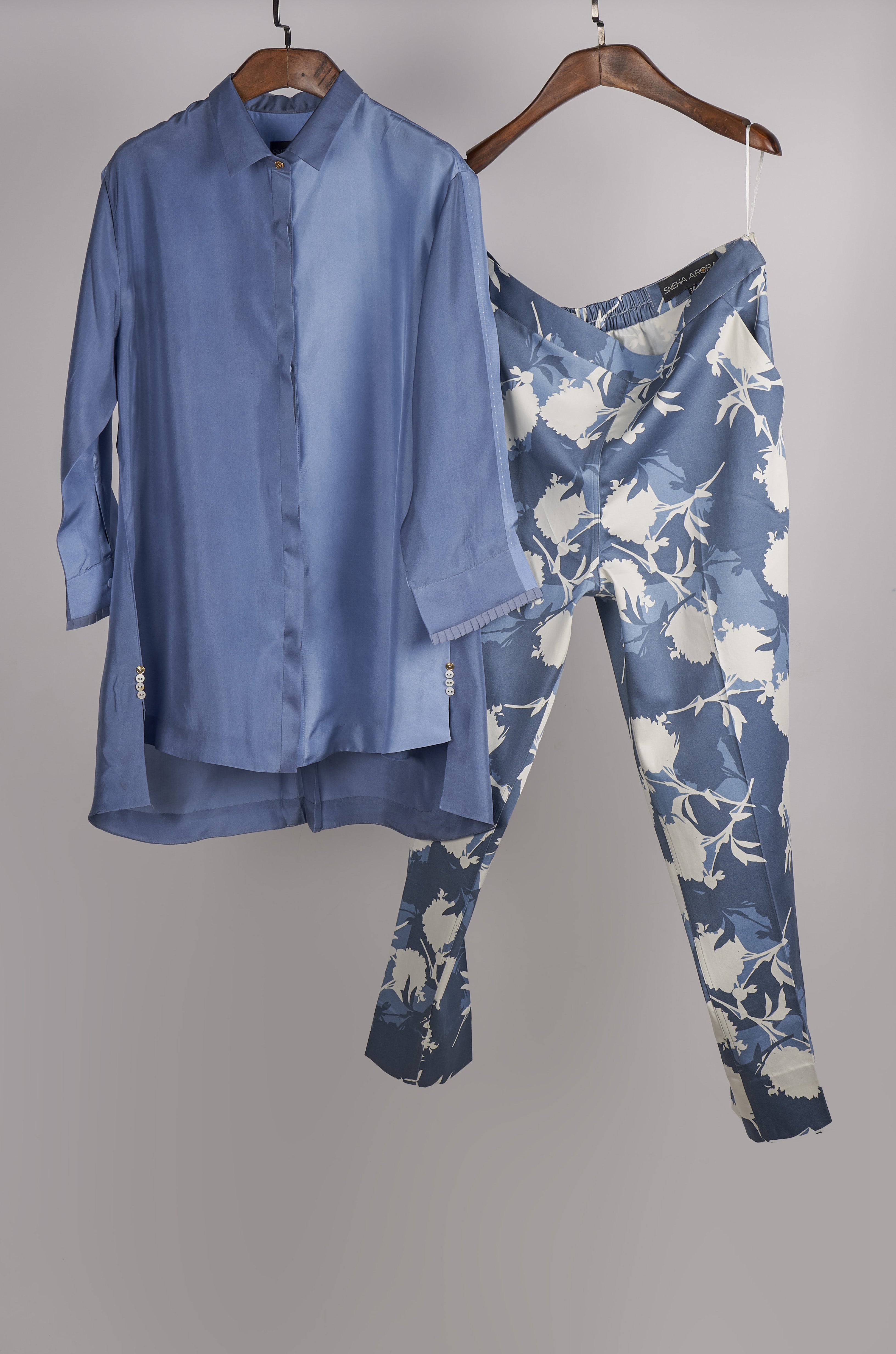 Shades of Blue solid shirt with printed pants Coordinated set