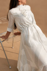 Load image into Gallery viewer, White Striper Silk Flared Dress With Drawstring
