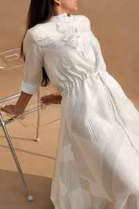 White Striper Silk Flared Dress With Drawstring