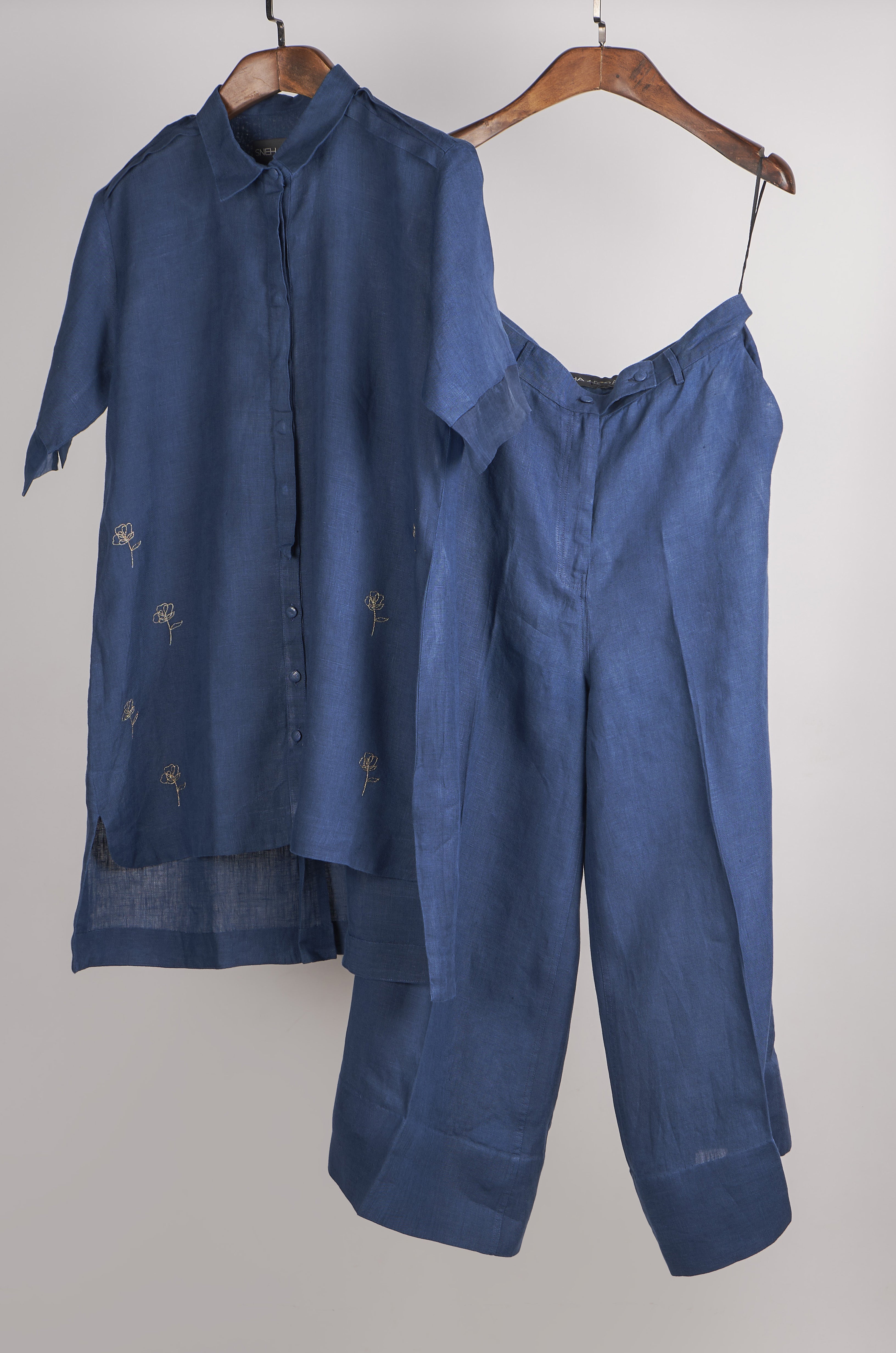 Indigo solid embroidered Linen Co-ord Set