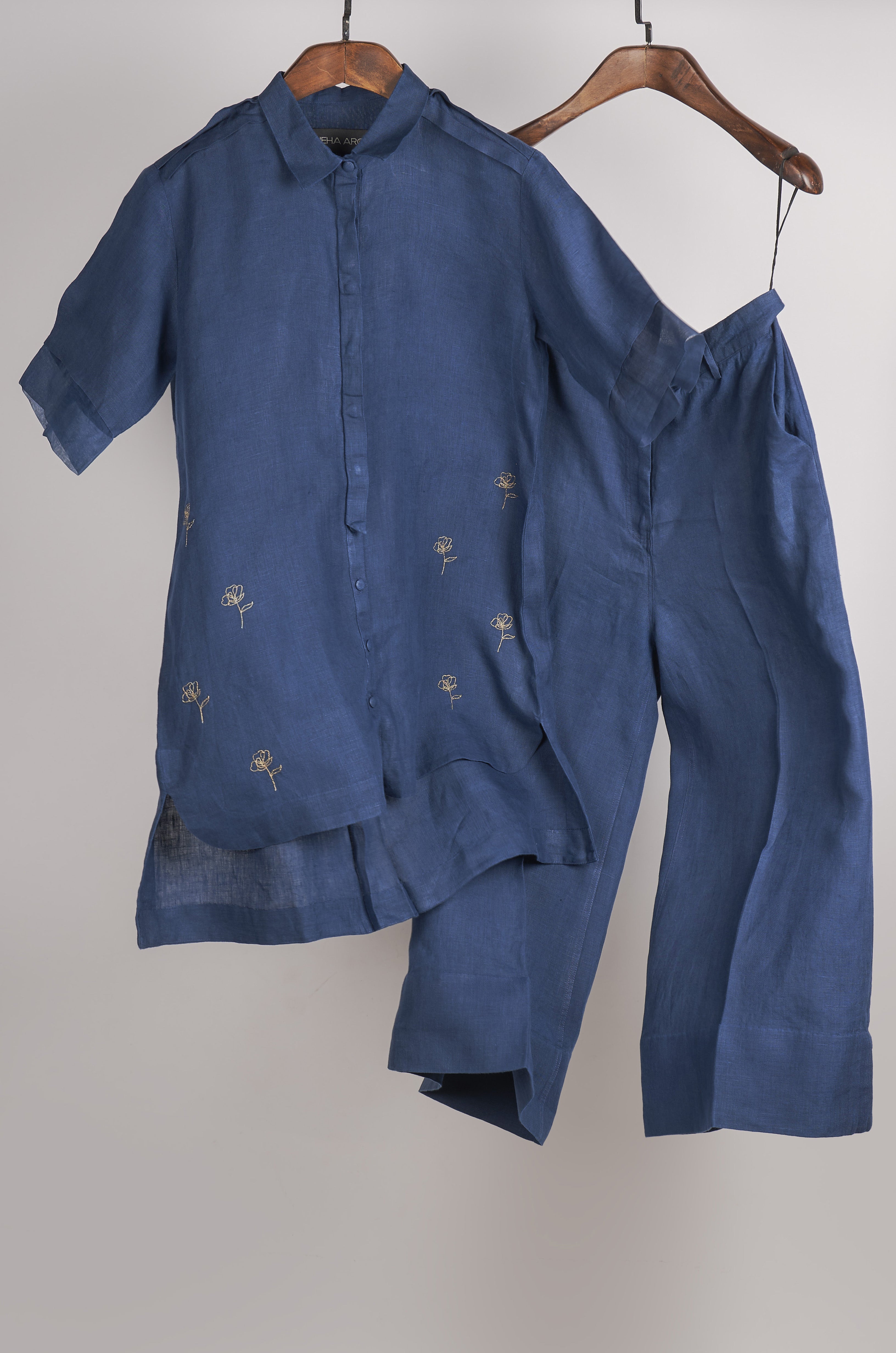 Indigo solid embroidered Linen Co-ord Set