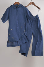 Load image into Gallery viewer, Indigo solid embroidered Linen Co-ord Set

