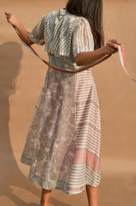 Drizzle Striper Floral Combination Flared Dress With Belt