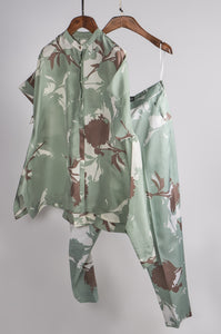 Mint and Beige big floral printed top with printed pants Coordinated set