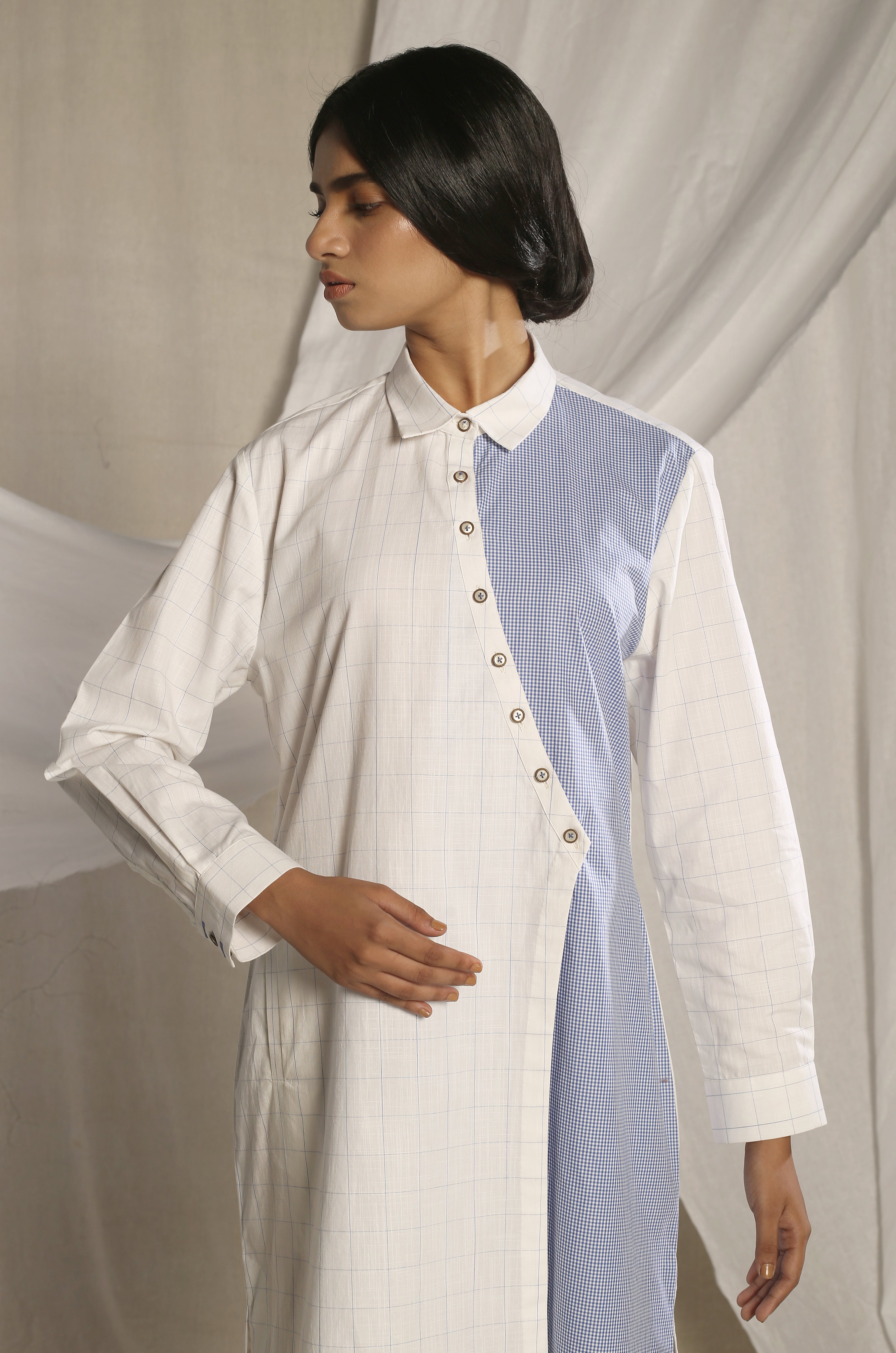 Diagonal Placket Check Shirt Dress