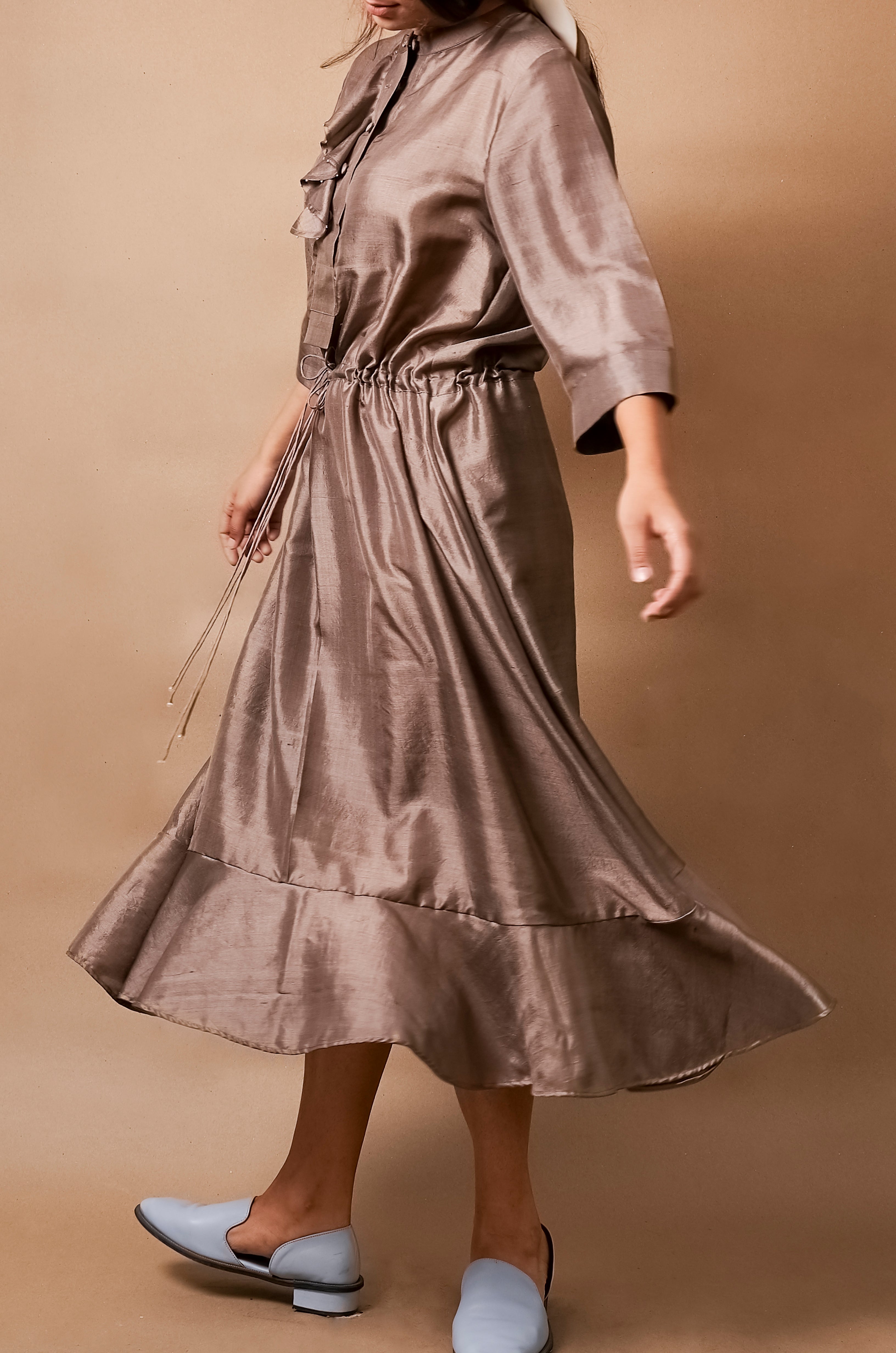 Mancrush Solid Silk Flared Dress With Drawstring