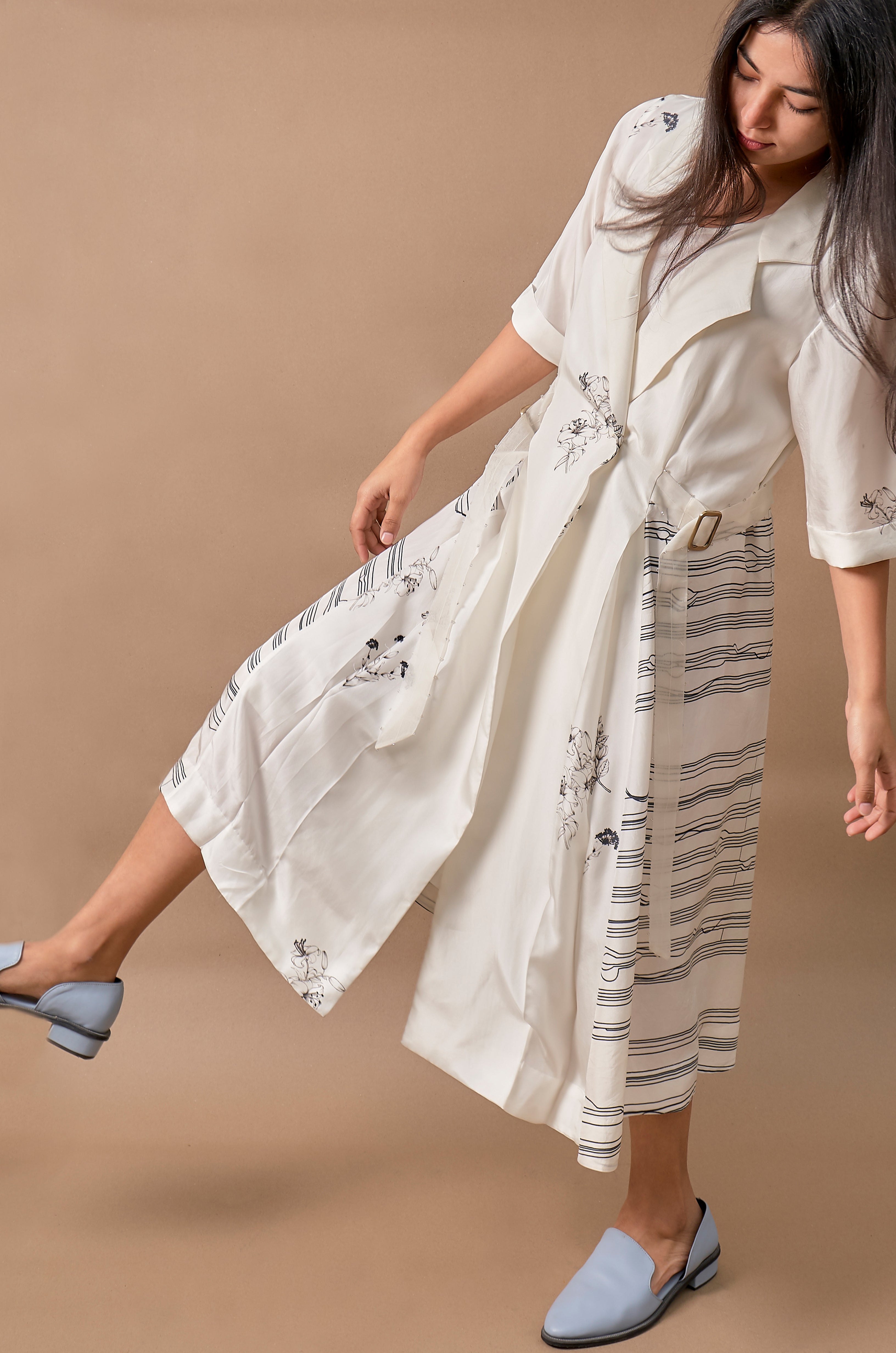 Off White Floral Striper Flared Dress