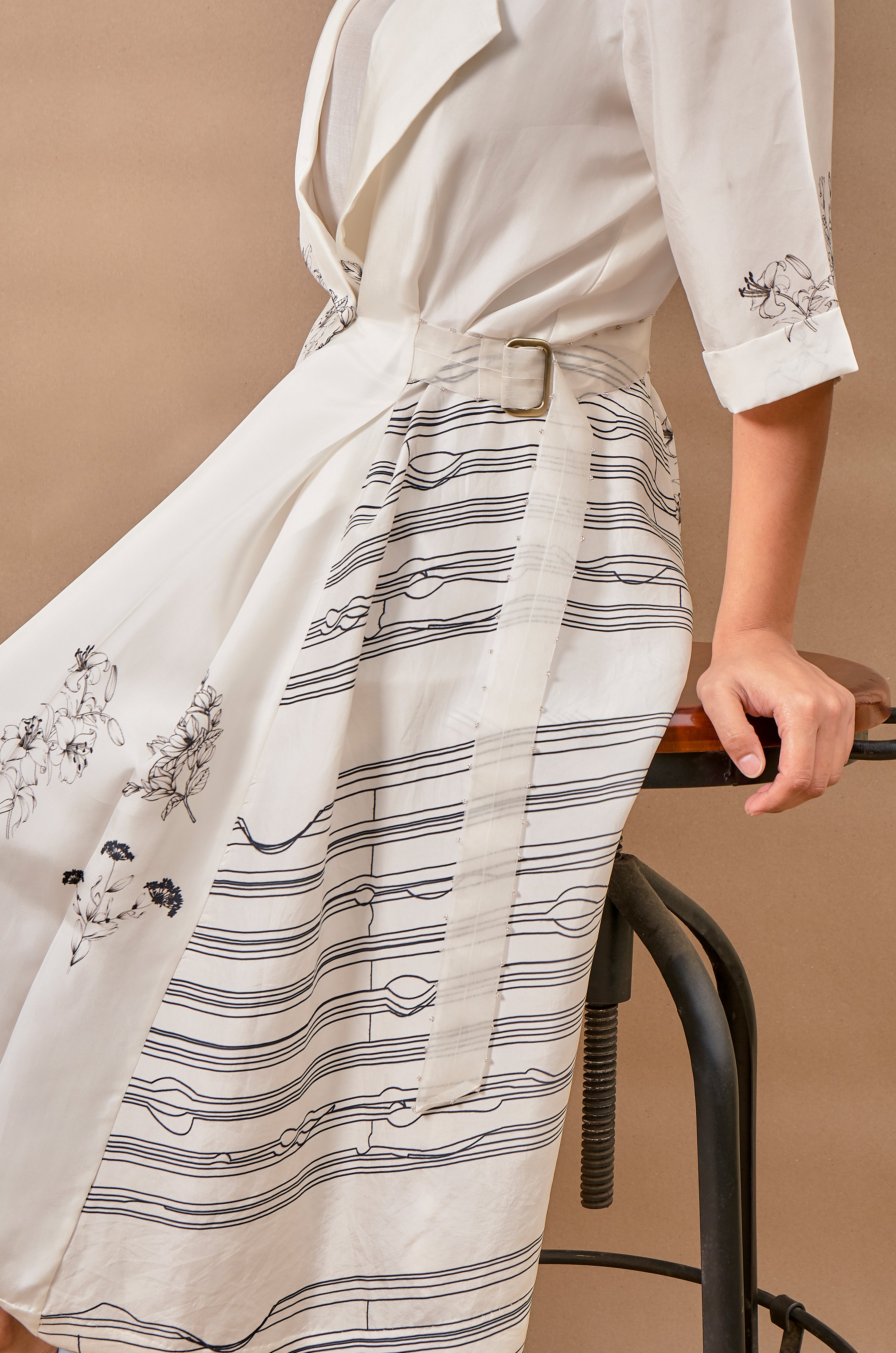 Off White Floral Striper Flared Dress
