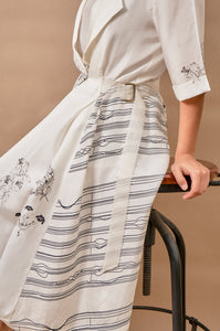 Off White Floral Striper Flared Dress