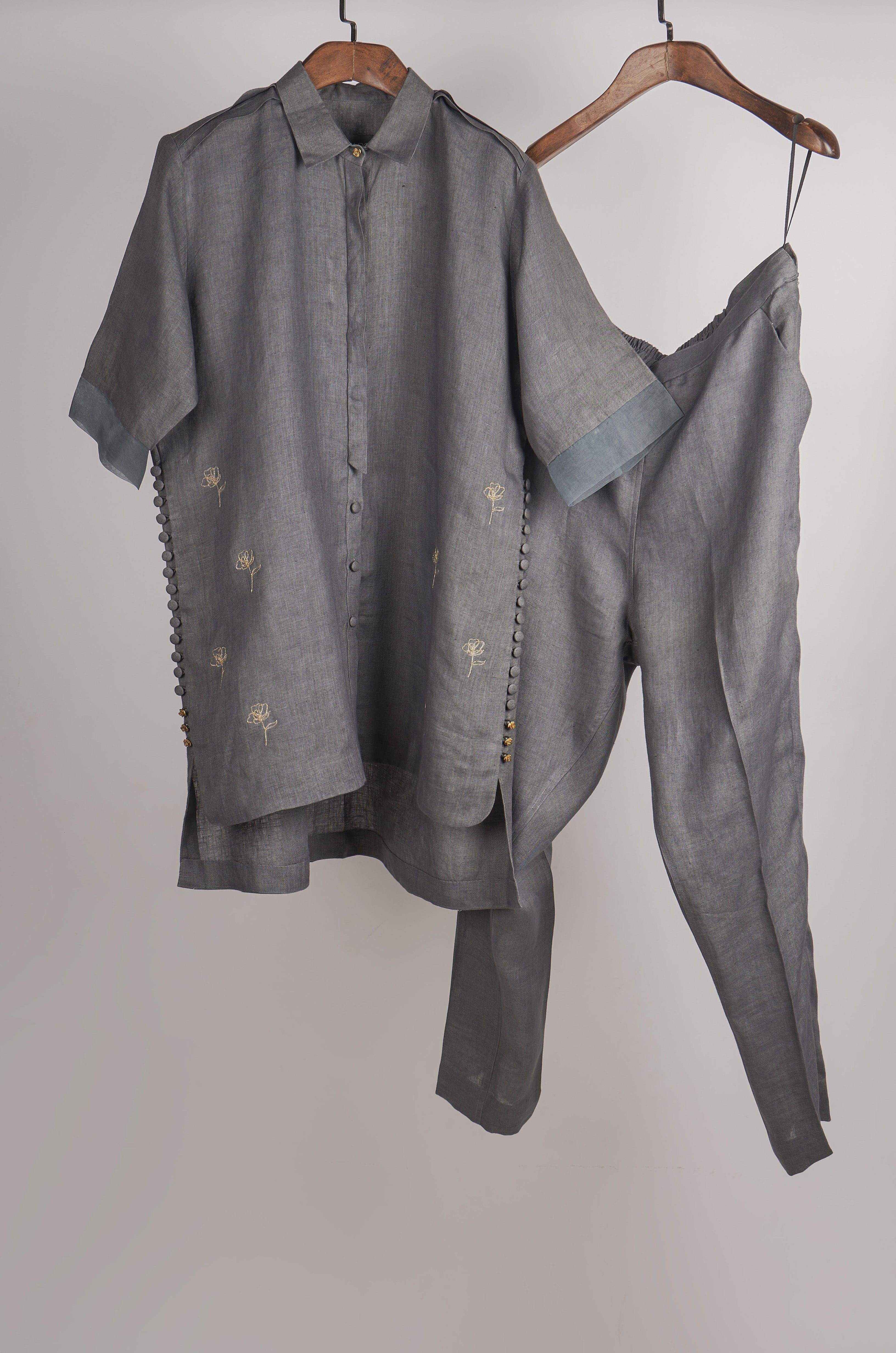 Grey solid embroidered Linen Co-ord Set