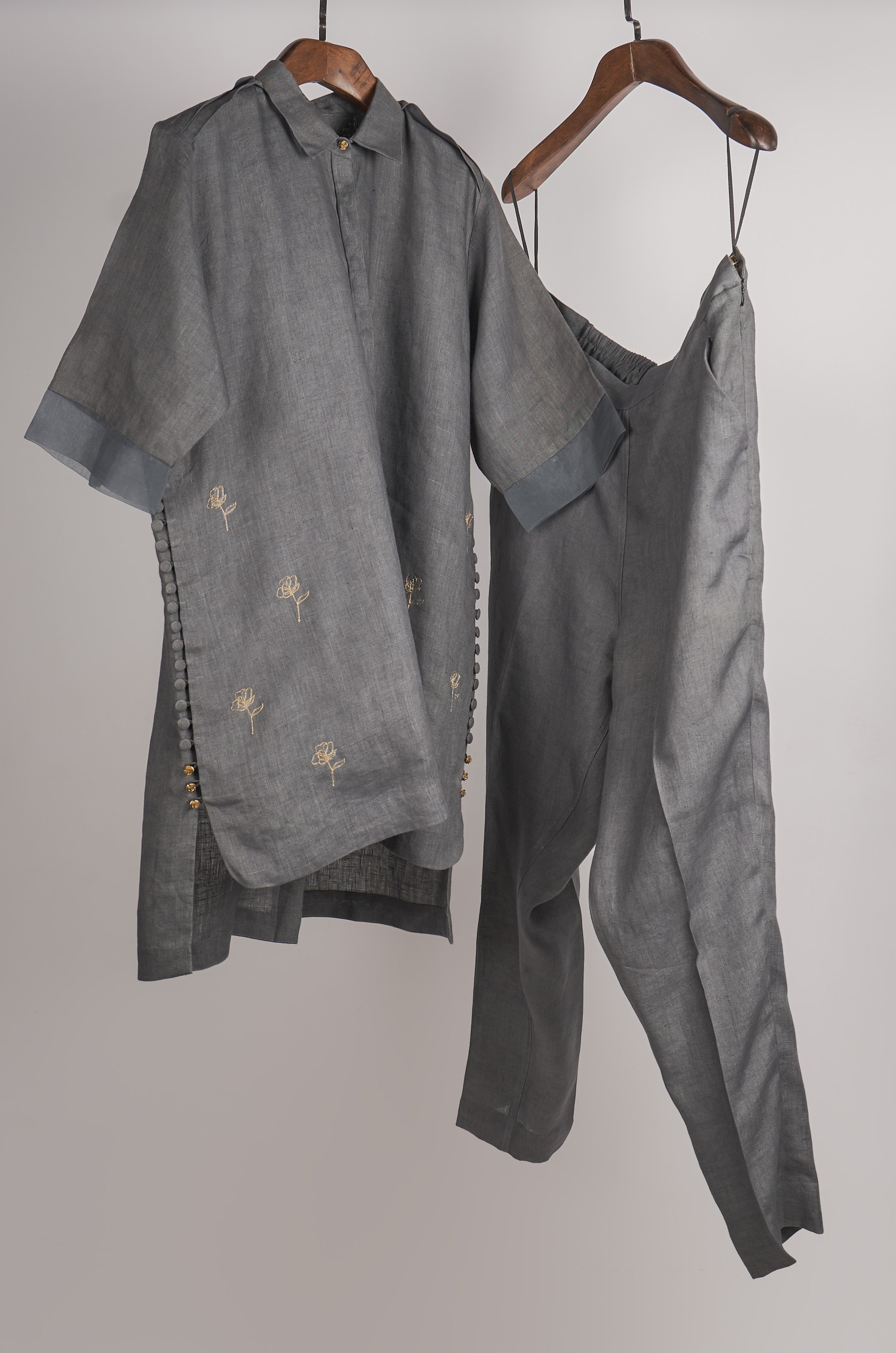 Grey solid embroidered Linen Co-ord Set