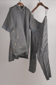 Grey solid embroidered Linen Co-ord Set