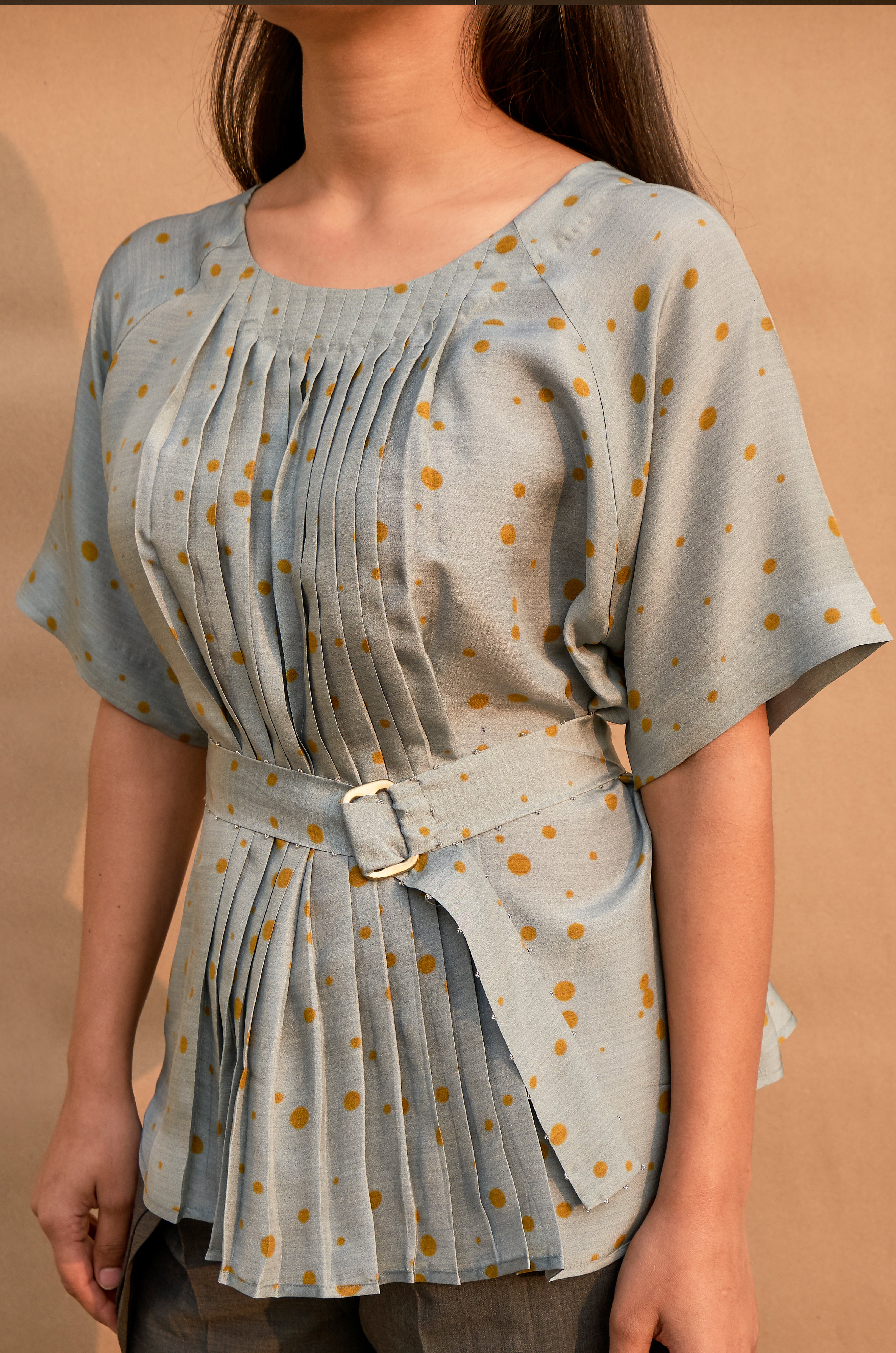 Rain Dance Polka Pleated Blouse with Belt