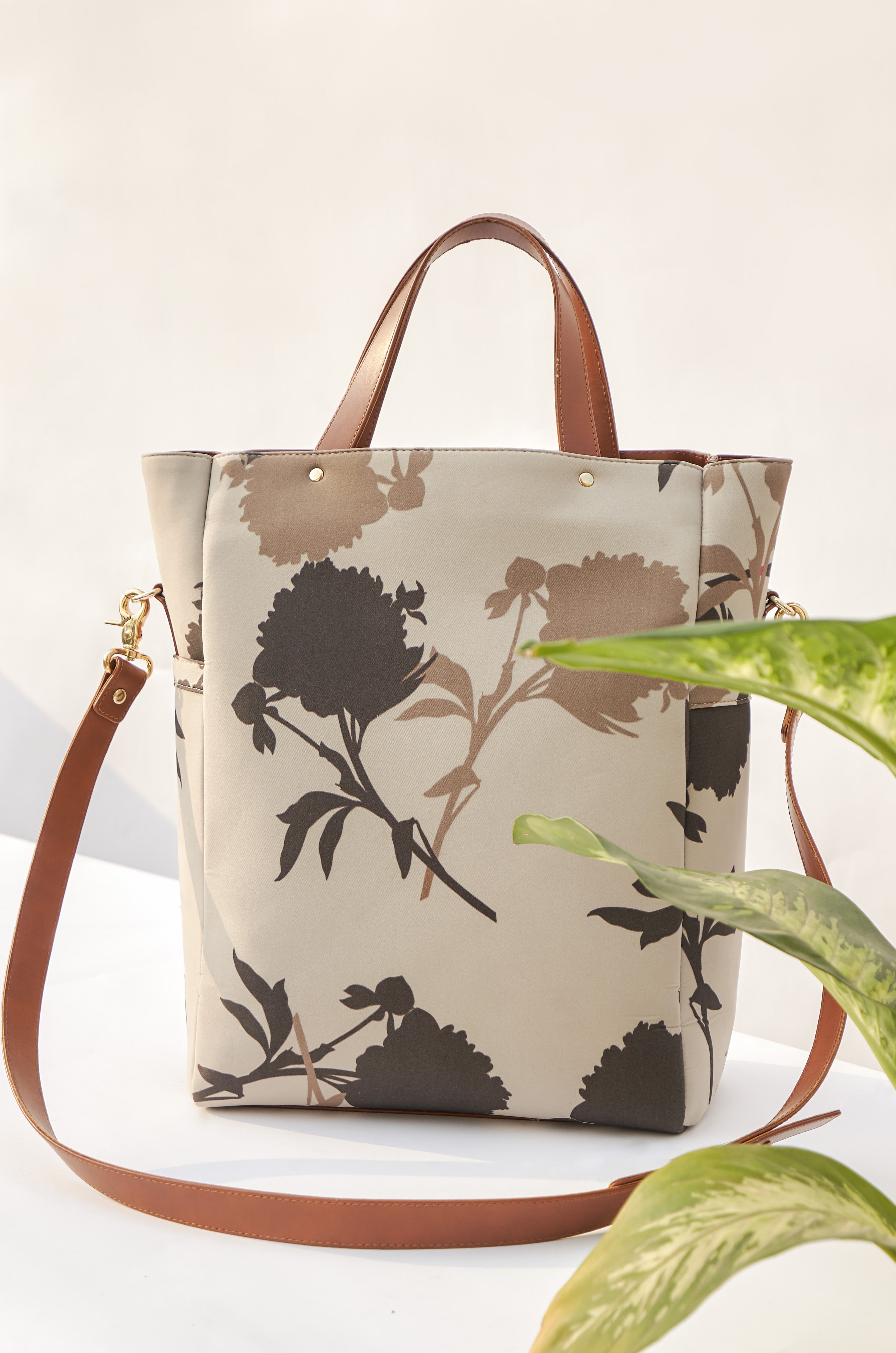 Beige and black floral print tote
