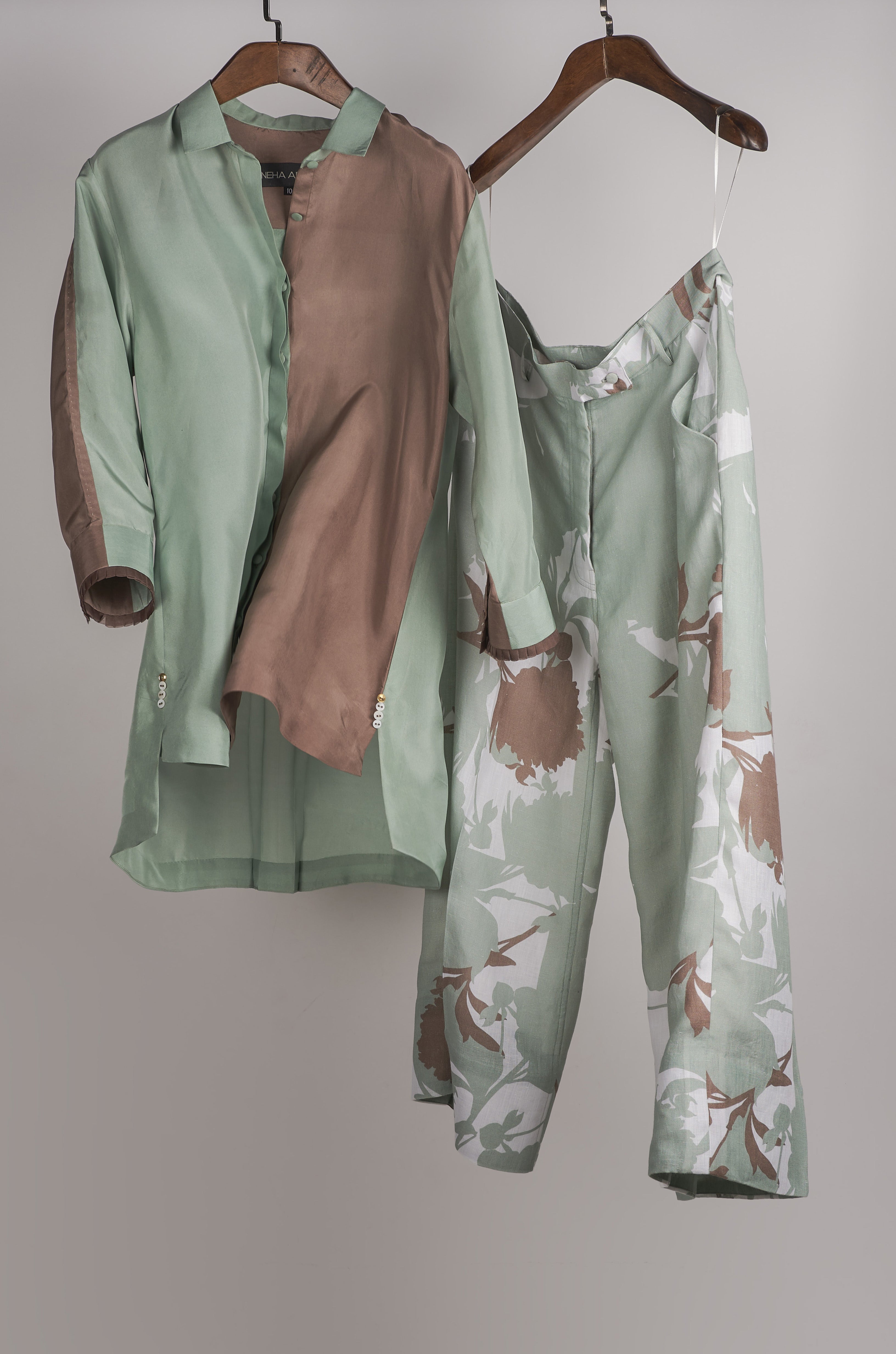 Mint and Beige solid with printed pants Coordinated set