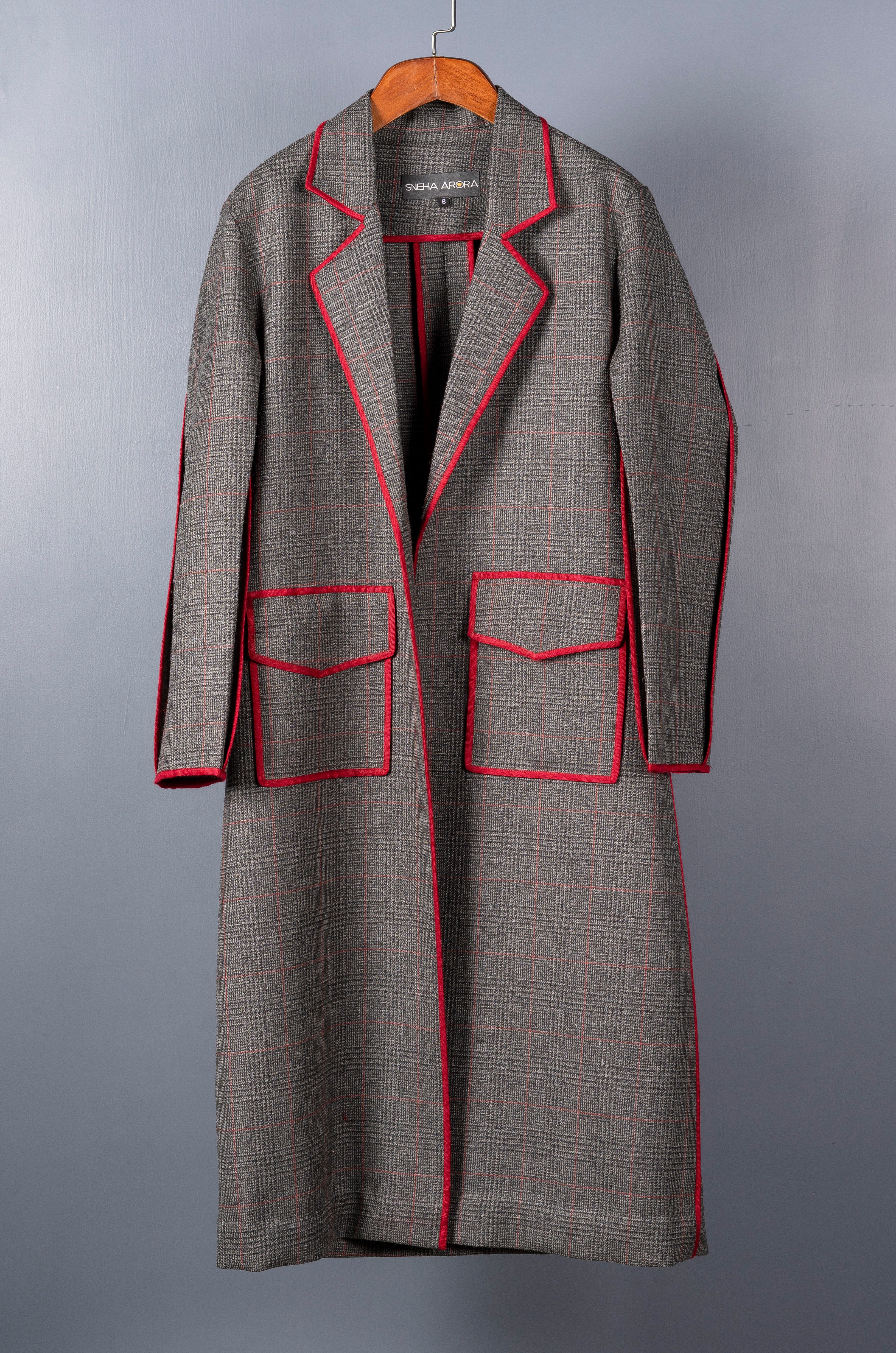 Grey Red Checkered Trench