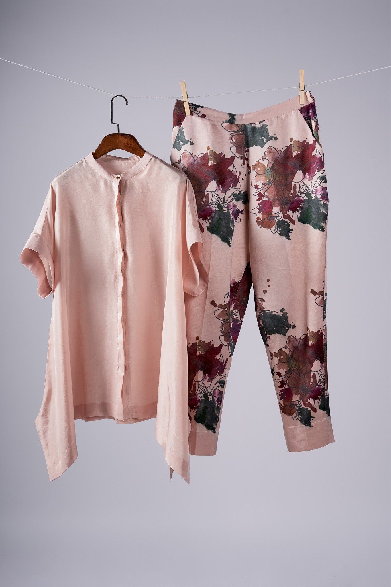Blush Solid top with Watercolour Peonies pants Coordinated set