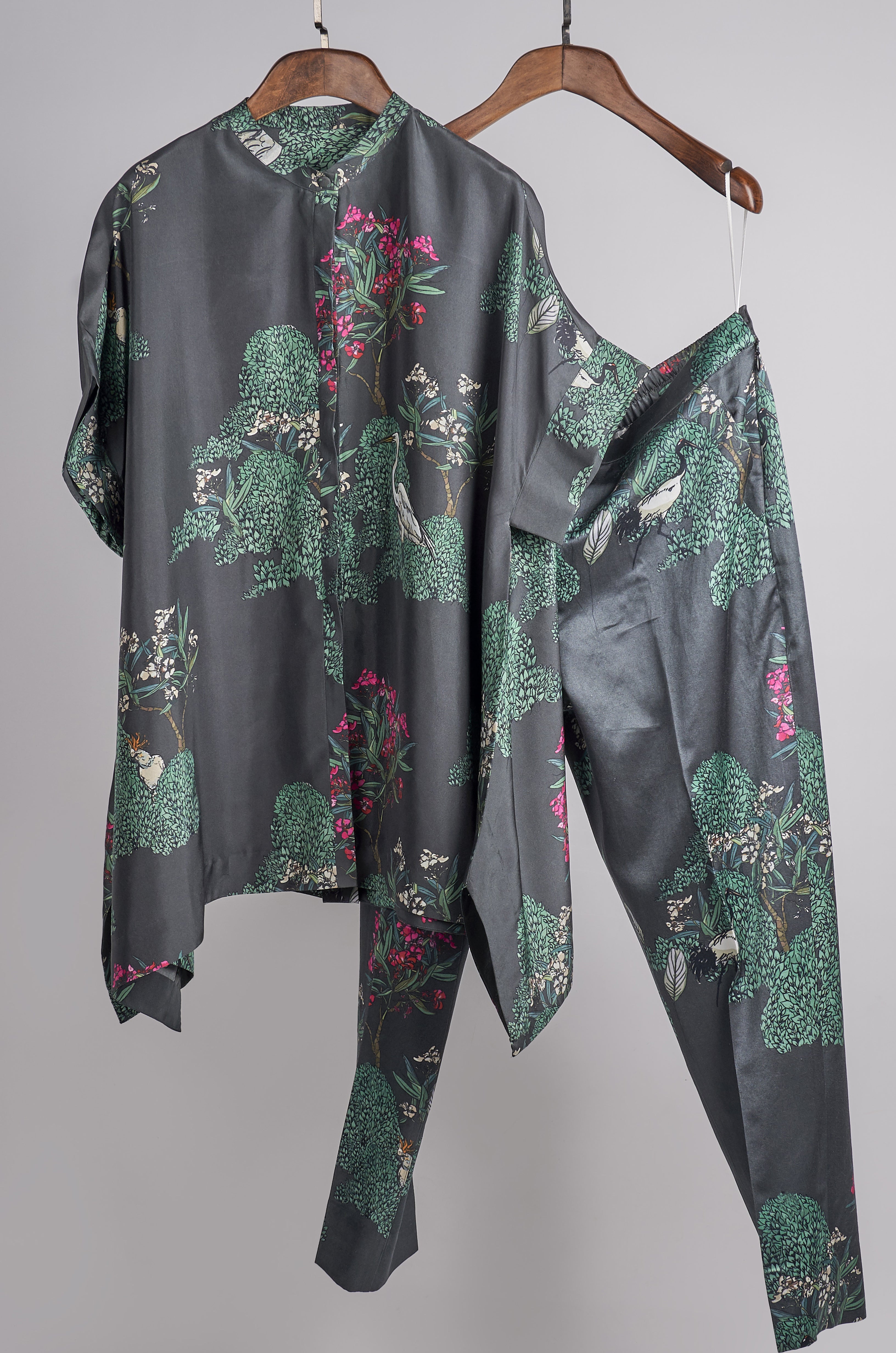 Grey tree printed top with printed pants Coordinated set