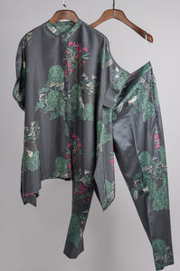 Grey tree printed top with printed pants Coordinated set